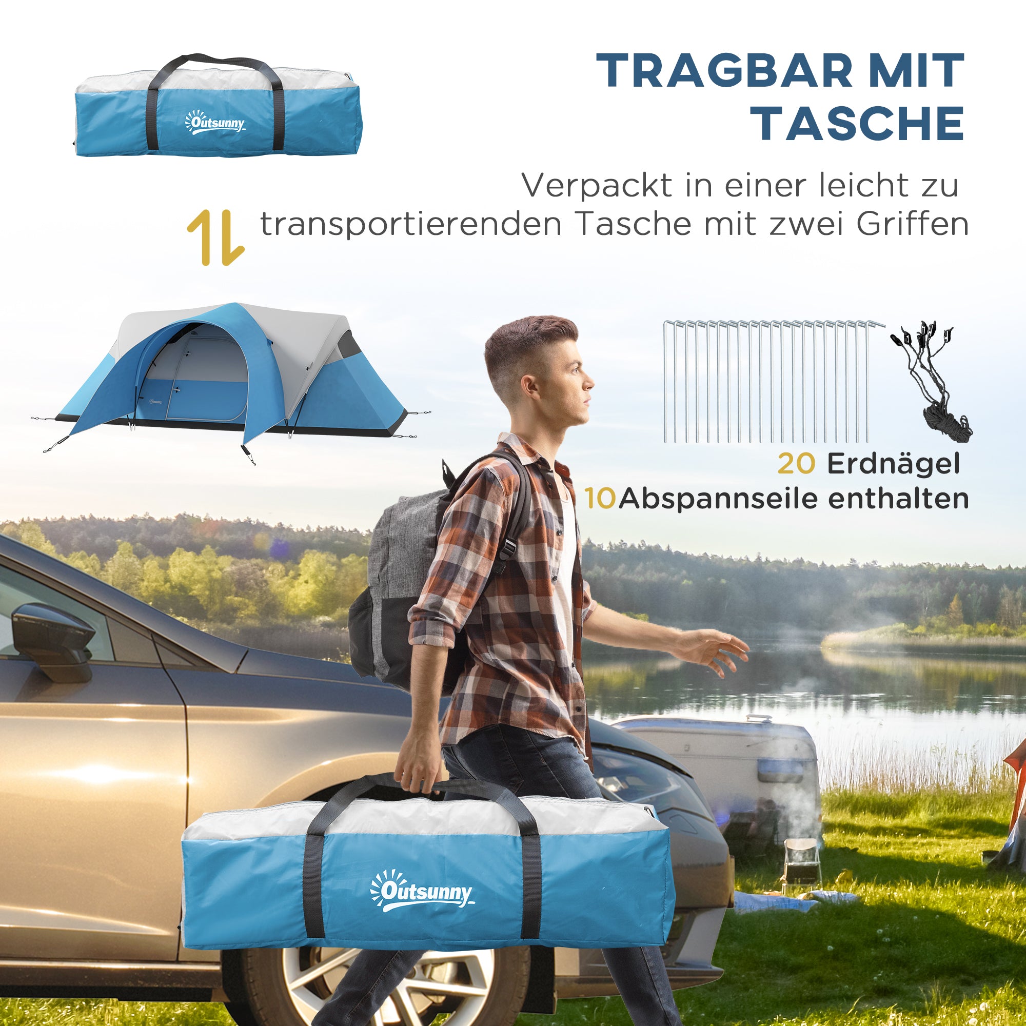 Outsunny Campingzelt für 5-6 Pers., Familienzelt, wasserdicht, mit Vorzelt, 550L x 300B x 198Hcm, Blau