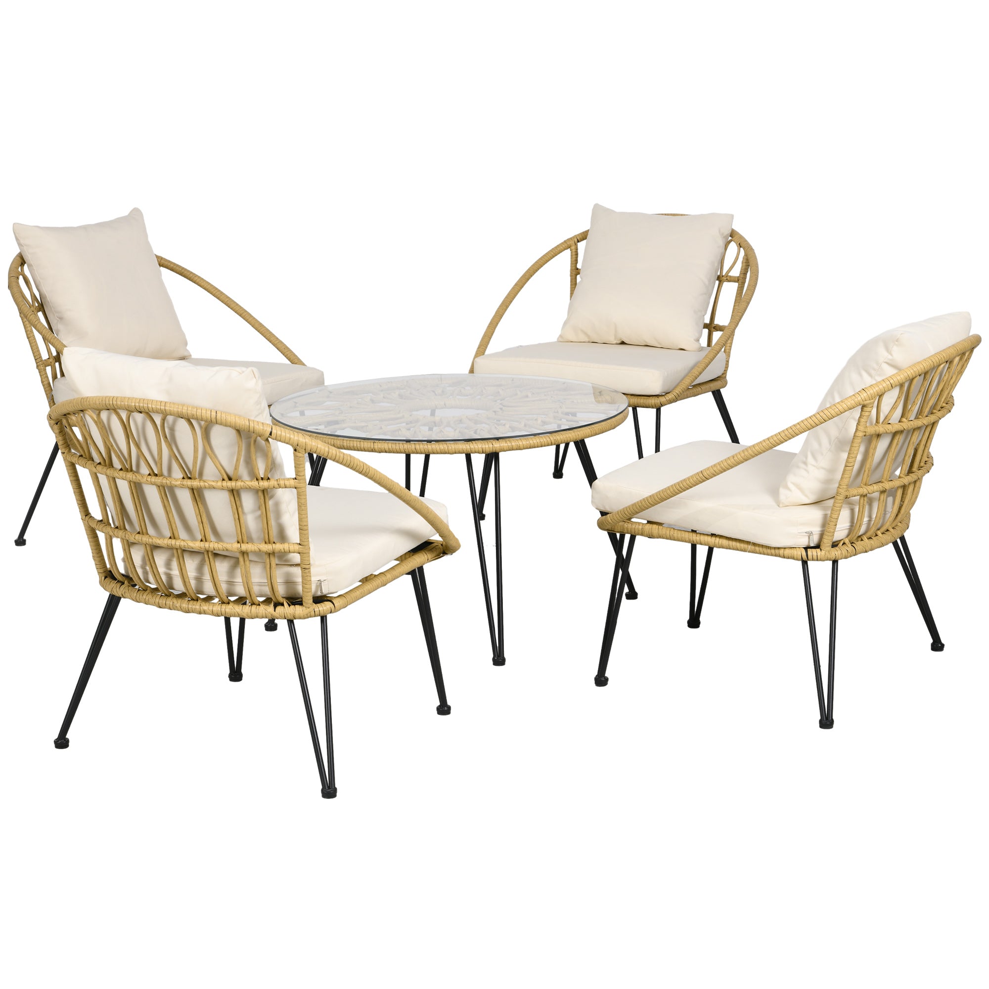 Outsunny 5-teilige Gartensitzgruppe, Boho-Stil, 1 Esstisch & 4 Stühle, Auflagen, Polyrattan, Beige/Natur