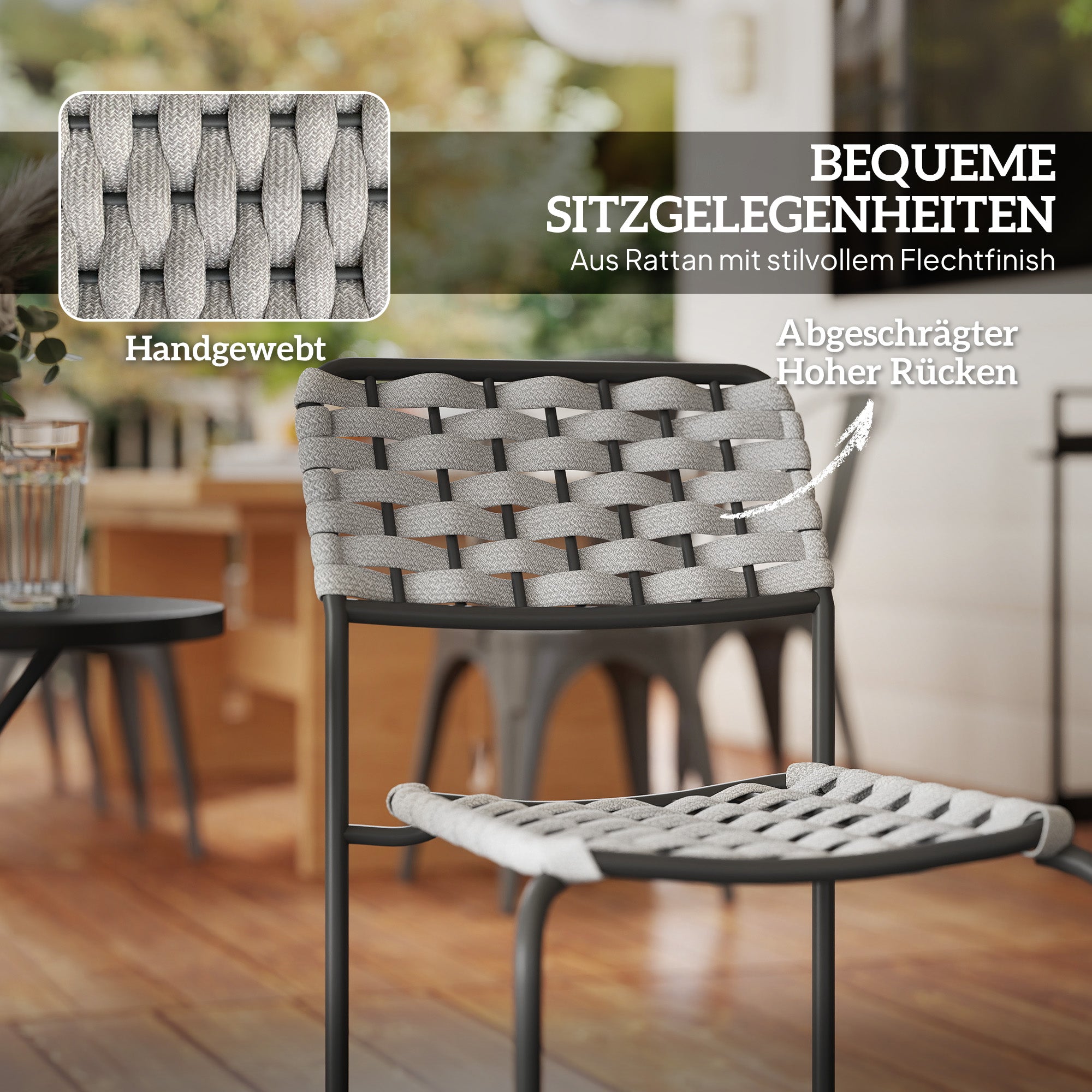 Outsunny Polyrattan Gartenmöbel Set, Outdoor Lounge Balkonmöbel für 2 Personen, 3-teilig 2 Stühle, Tisch Grau