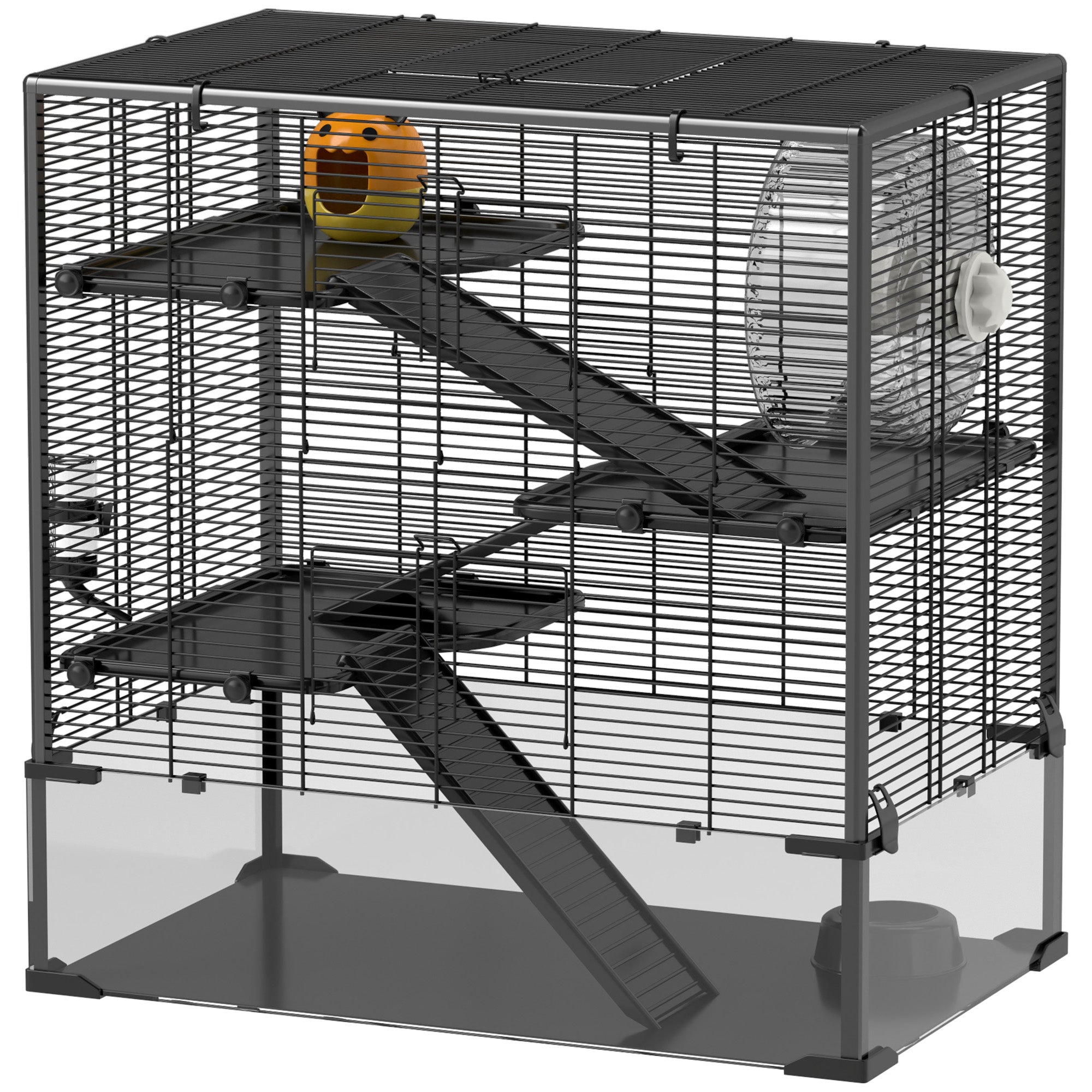 PawHut Hamsterkäfig mit Glasboden, 4-stufiges Hamstergehege mit Hütte und Zubehör, 78,5L x 48,5B x 80H cm, Schwarz
