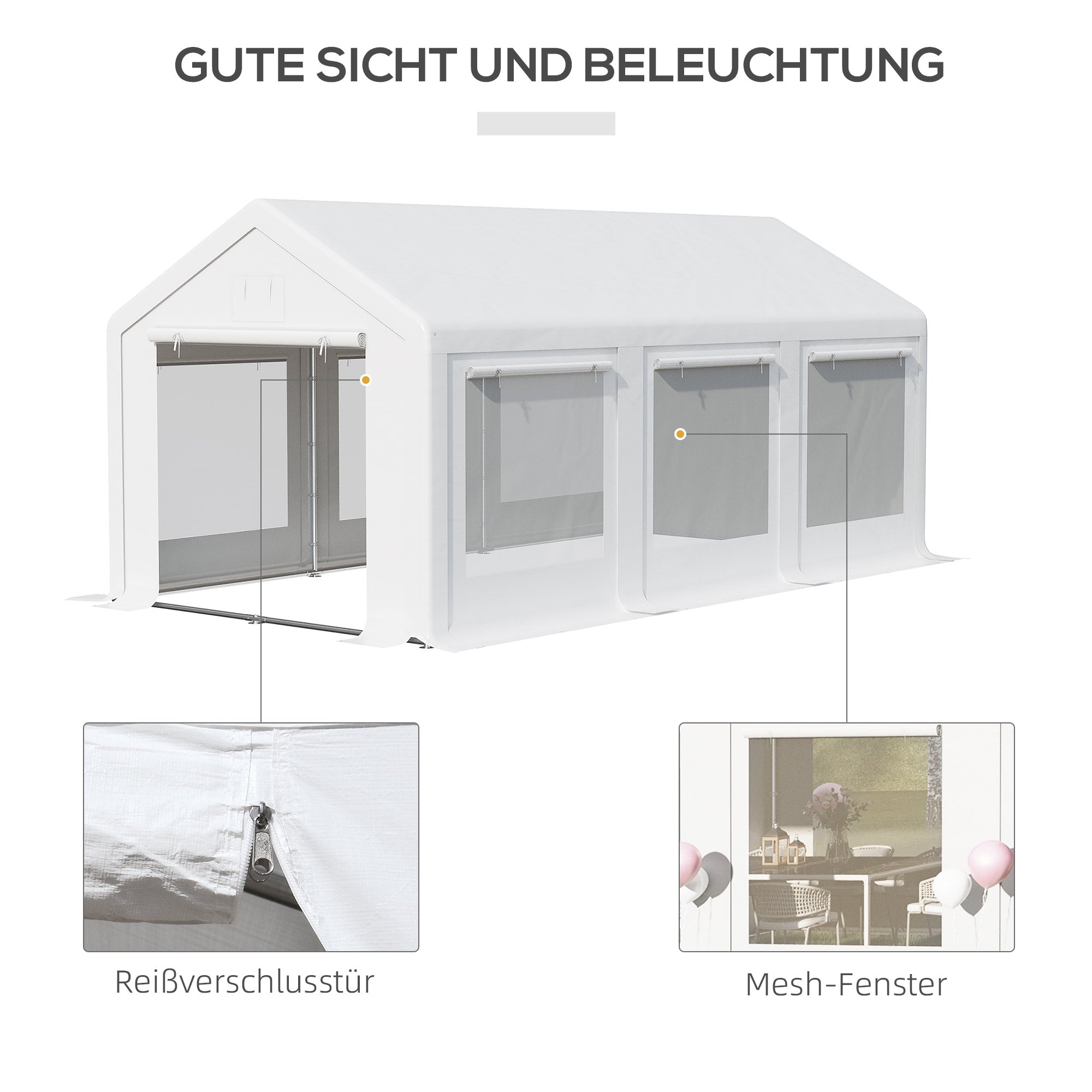 Outsunny Pavillon 6 x 3 m, Partypavillon, abnehmbare Seitenwände, mit aufrollbaren Türen + Fenstern, Weiß