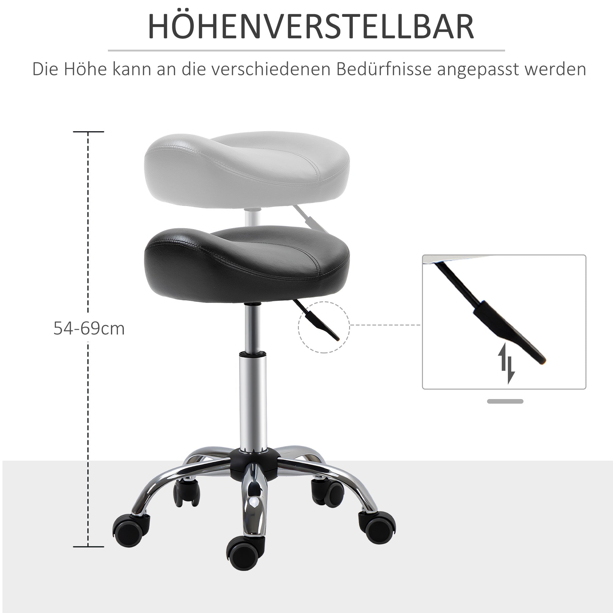 HOMCOM Salonhocker mit Sattelsitz, höhenverstellbar, Kunstleder, 48x48x54-69cm, Schwarz