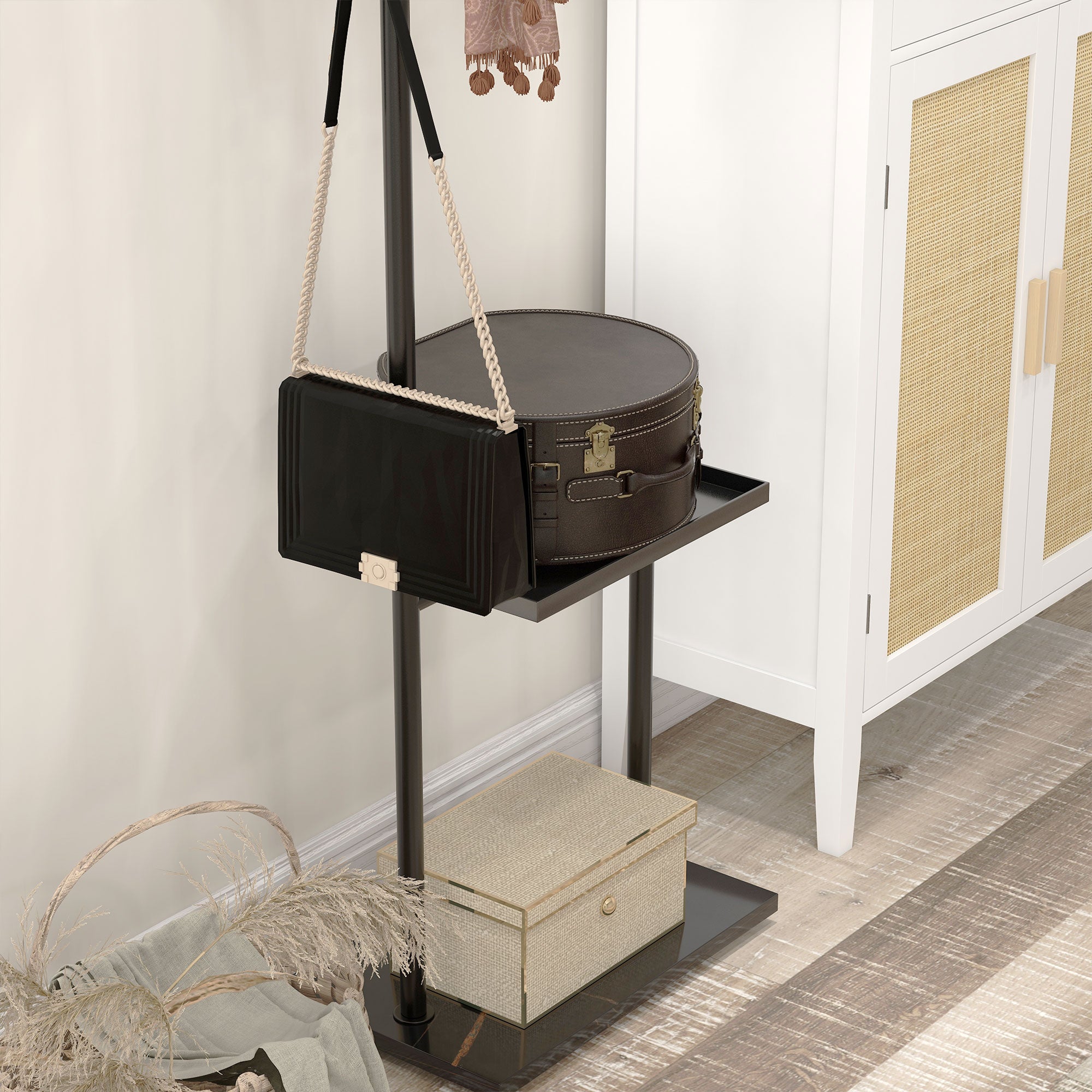 HOMCOM Garderobenständer, Kleiderstange mit Stoppern, 3 Haken, Ablagefach, Kunststeinsockel, Schwarz