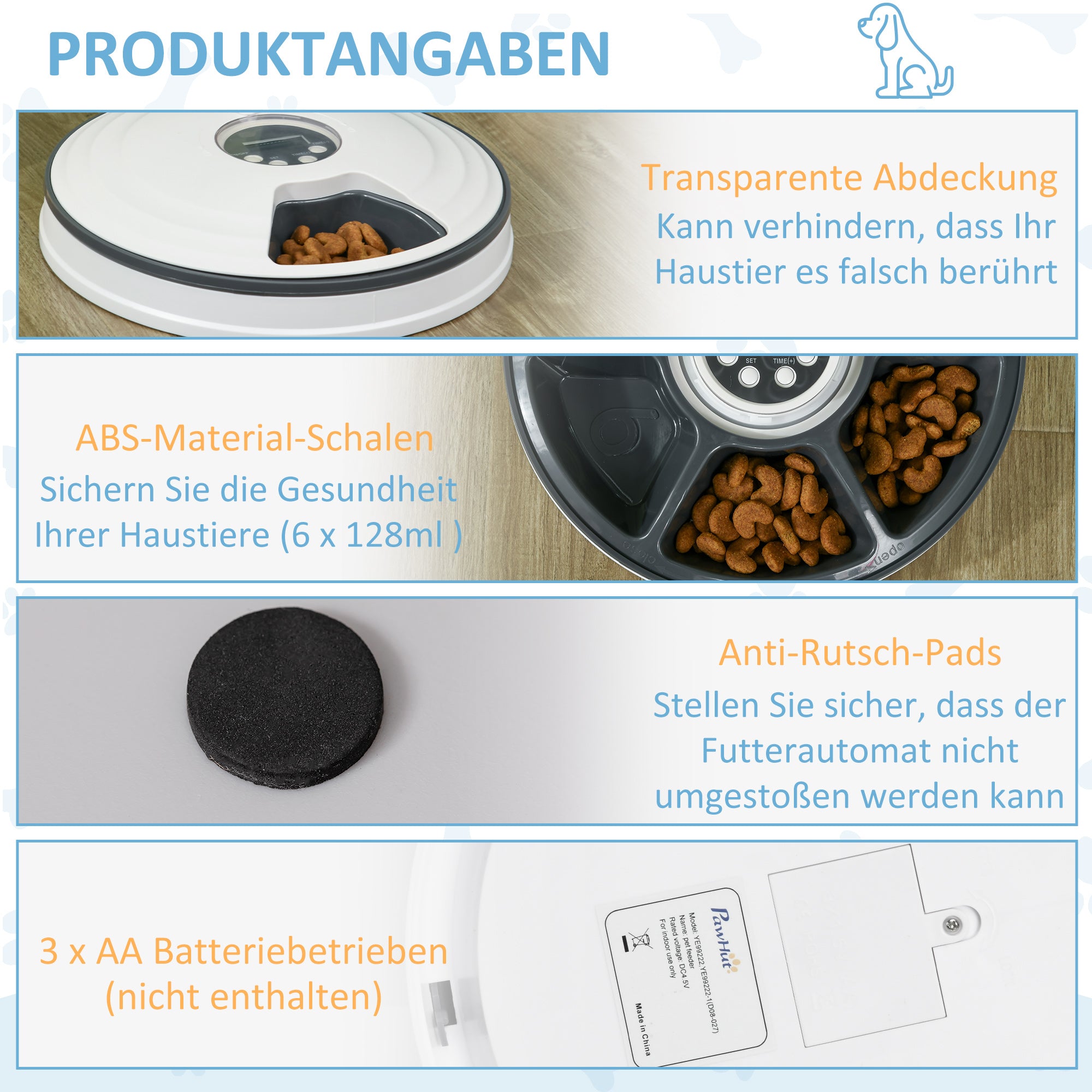 PawHut Futterautomat Katze Nassfutter Katzenfutter mit LED-Display, Programmierbarem Timer, 6 Futter-Fächer für je 70 g Trockenfutter 4 Mahlzeiten Automatischer Futterspender für Hunde Katzen