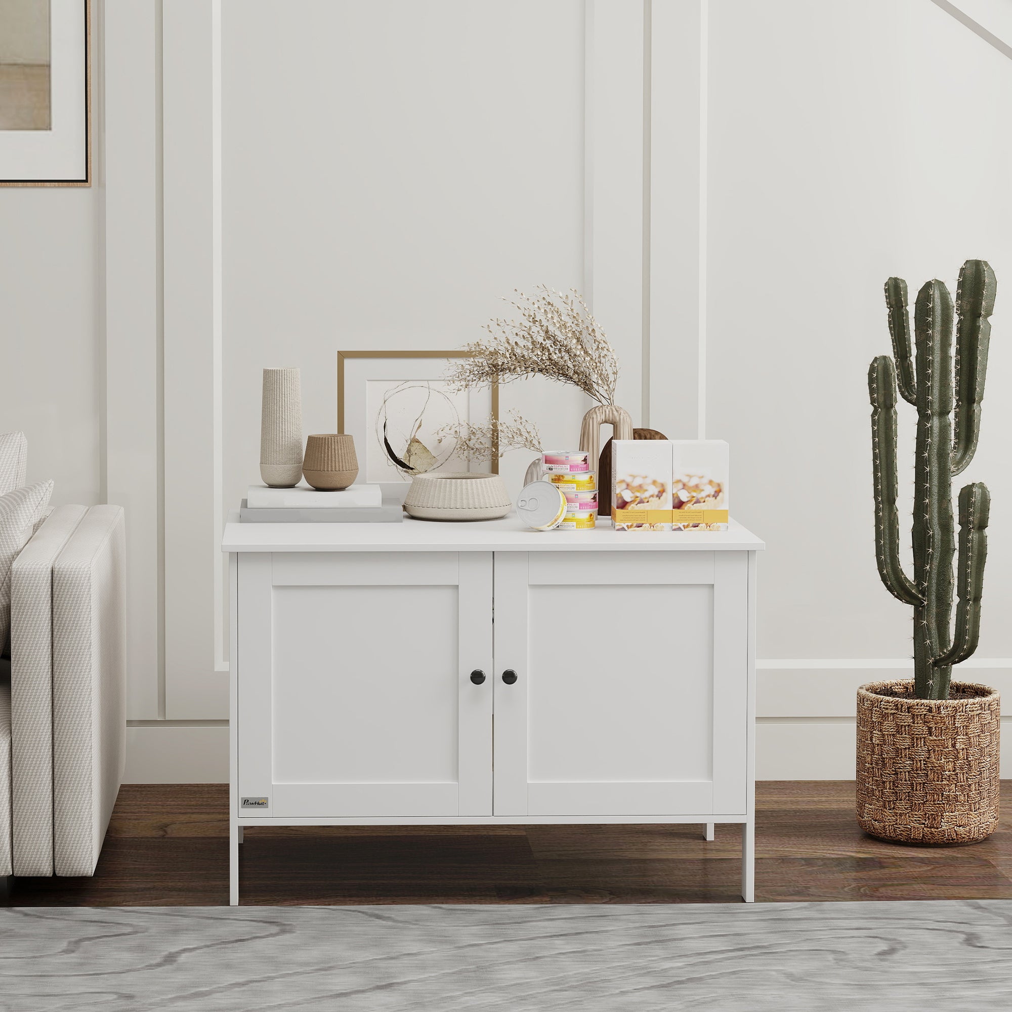 PawHut Katzenklo-Schrank Katzenhaus mit Tür Trennwand Katzentoilette für große Katzen 80 x 51 x 54 cm Weiß