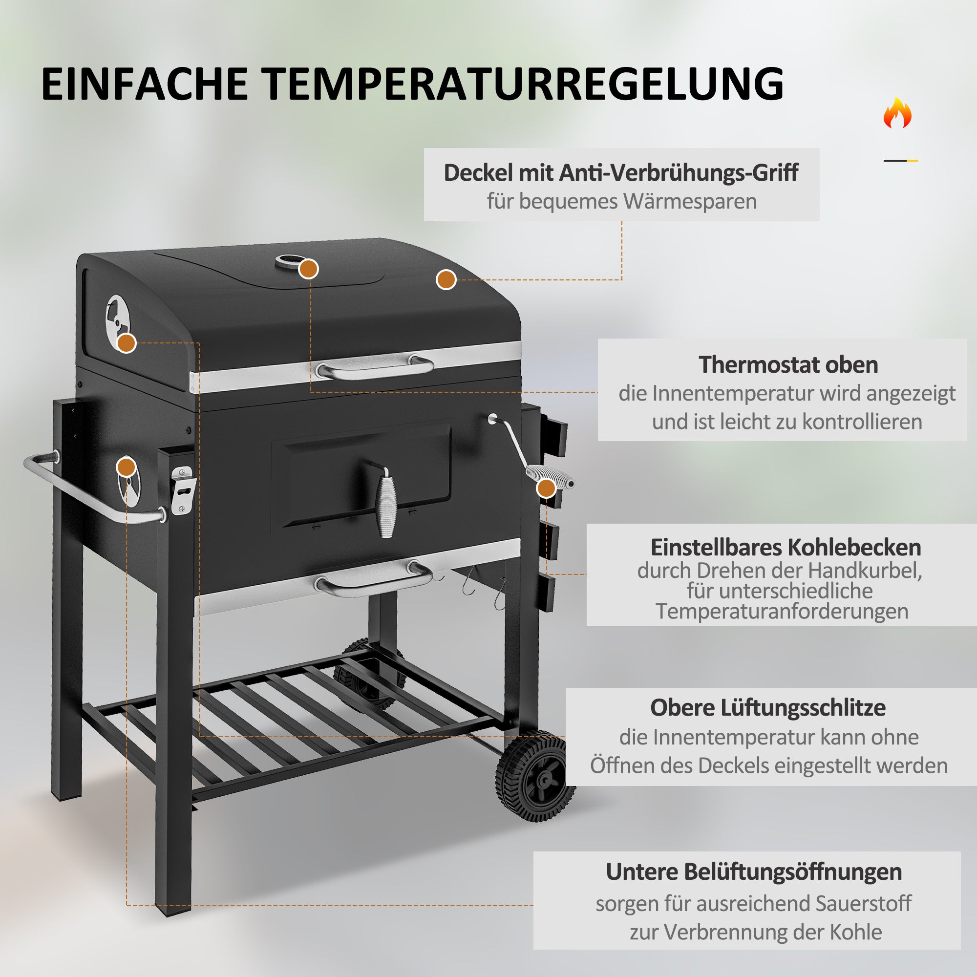Outsunny Holzkohlegrill Smoker BBQ-Smoker, 1 Ablage, 1 Handtuchhalter, 2 Grillroste, 113 cm x 65 cm x 108 cm, Schwarz