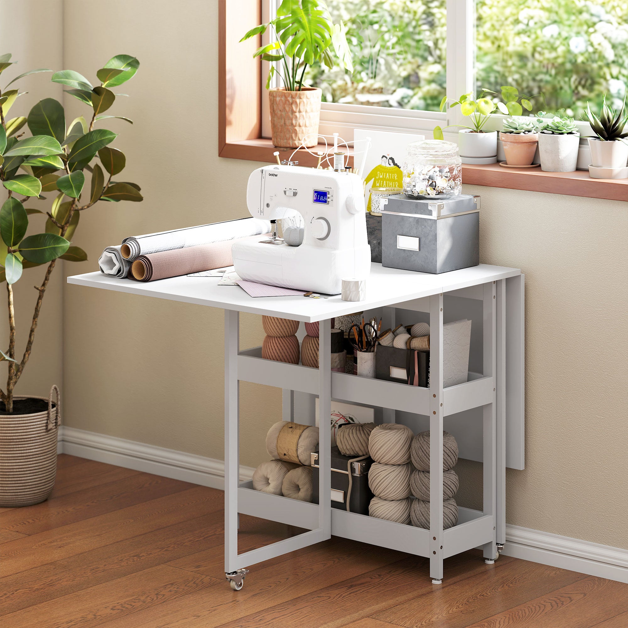 HOMCOM Klappbarer Esstisch im Industriedesign, für bis zu 4 Personen, offene Regale, flexibel, Metall, Spanplatte, Weiß