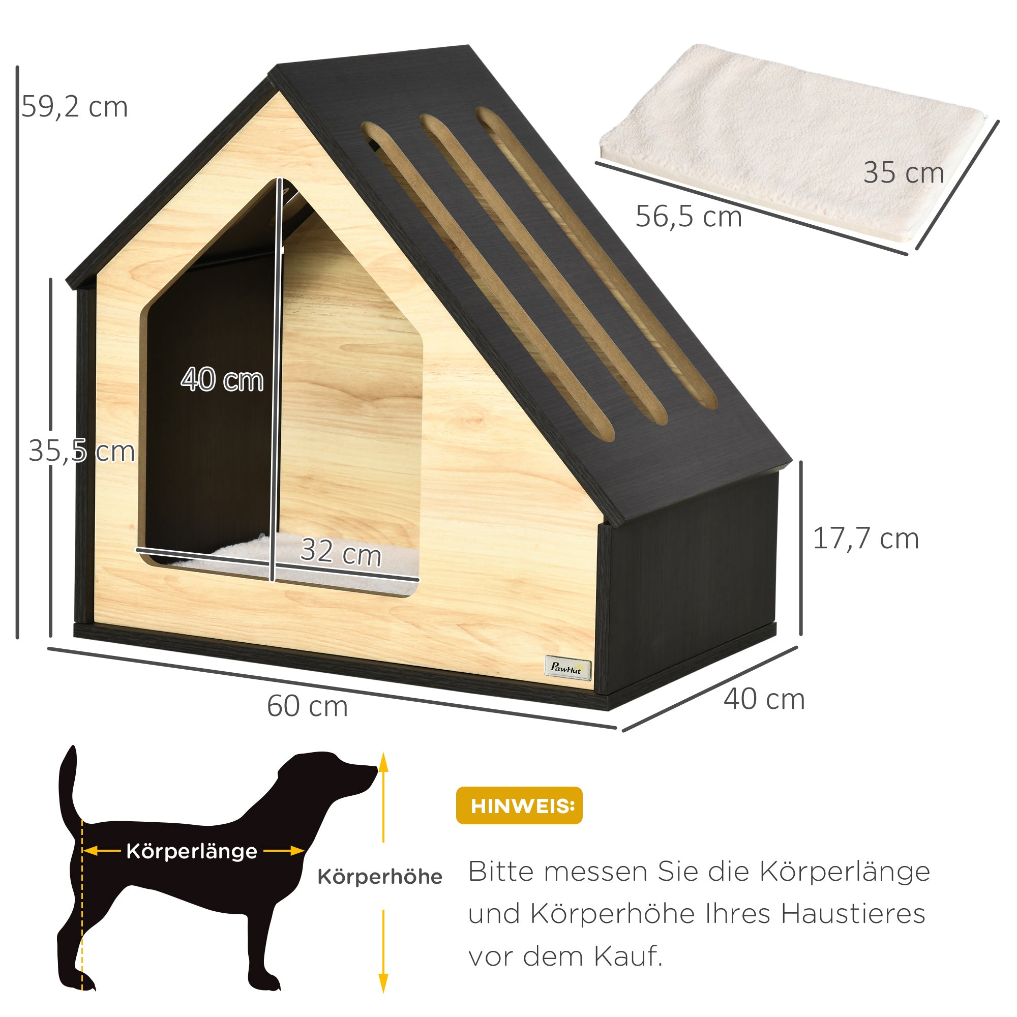 Pawhut Hundehütte Indoor Hundehöhle mit Kissen Hundehaus Hundehöhle mit schrägem Dach Katzenhaus für kleine Hunde bis 8 kg 60 x 40 x 59,2 cm, Braun