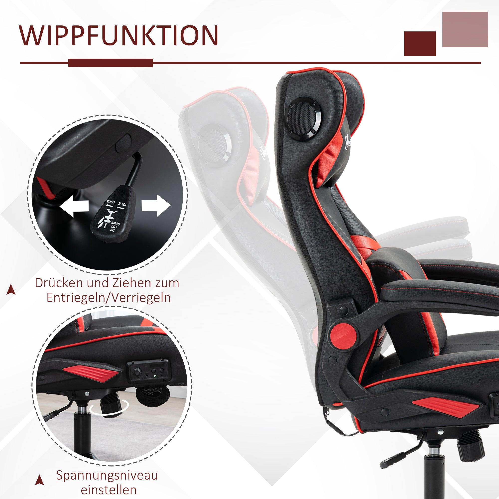 Vinsetto Gamingsessel, Gamingstuhl, integrierte Lautsprecher, neigbare Rücklehne, schwarz+rot, 69 x 73 x 118cm