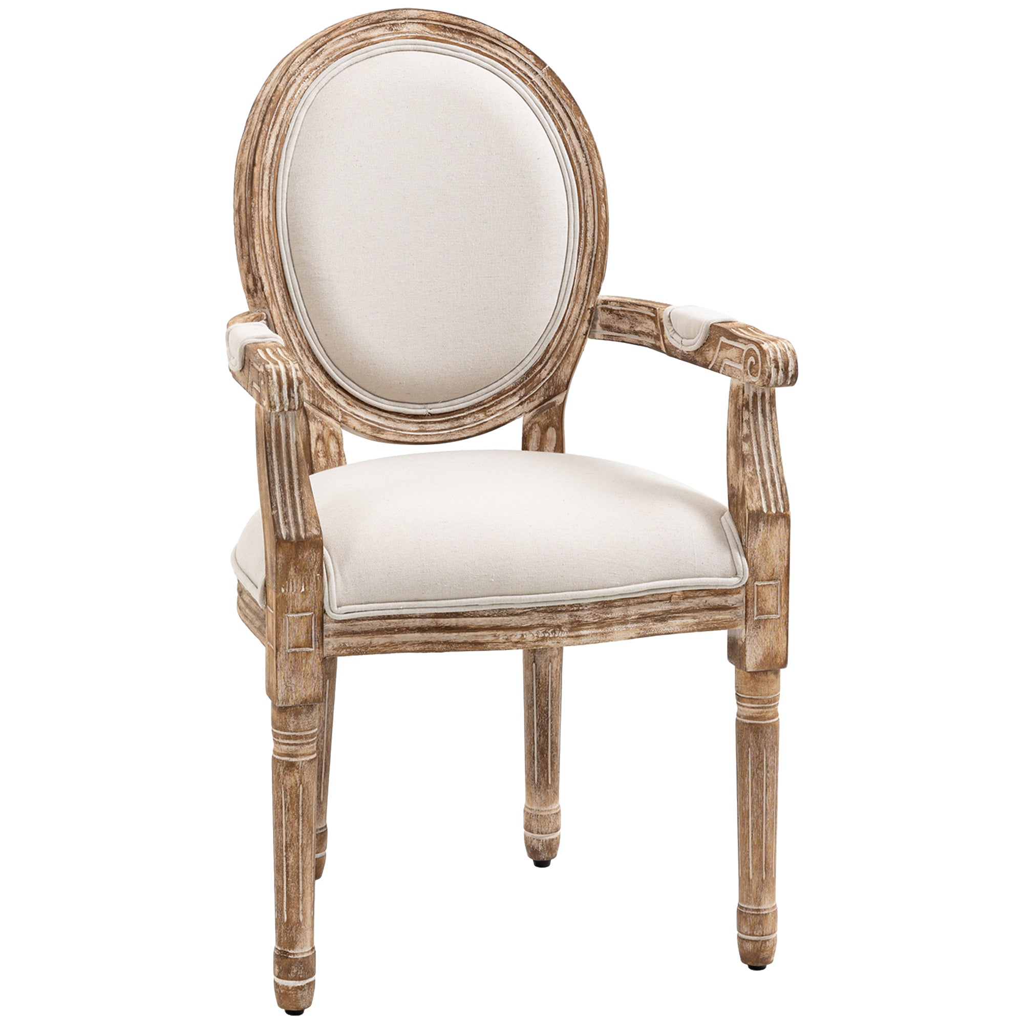 HOMCOM Küchenstuhl mit Armlehnen Polsterstuhl Esszimmerstuhl Retro-Design im Leinen-Optik für Wohnzimmer Gummiholz Cremeweiß+ helle Holzfarbe 56 x 56 x 96 cm