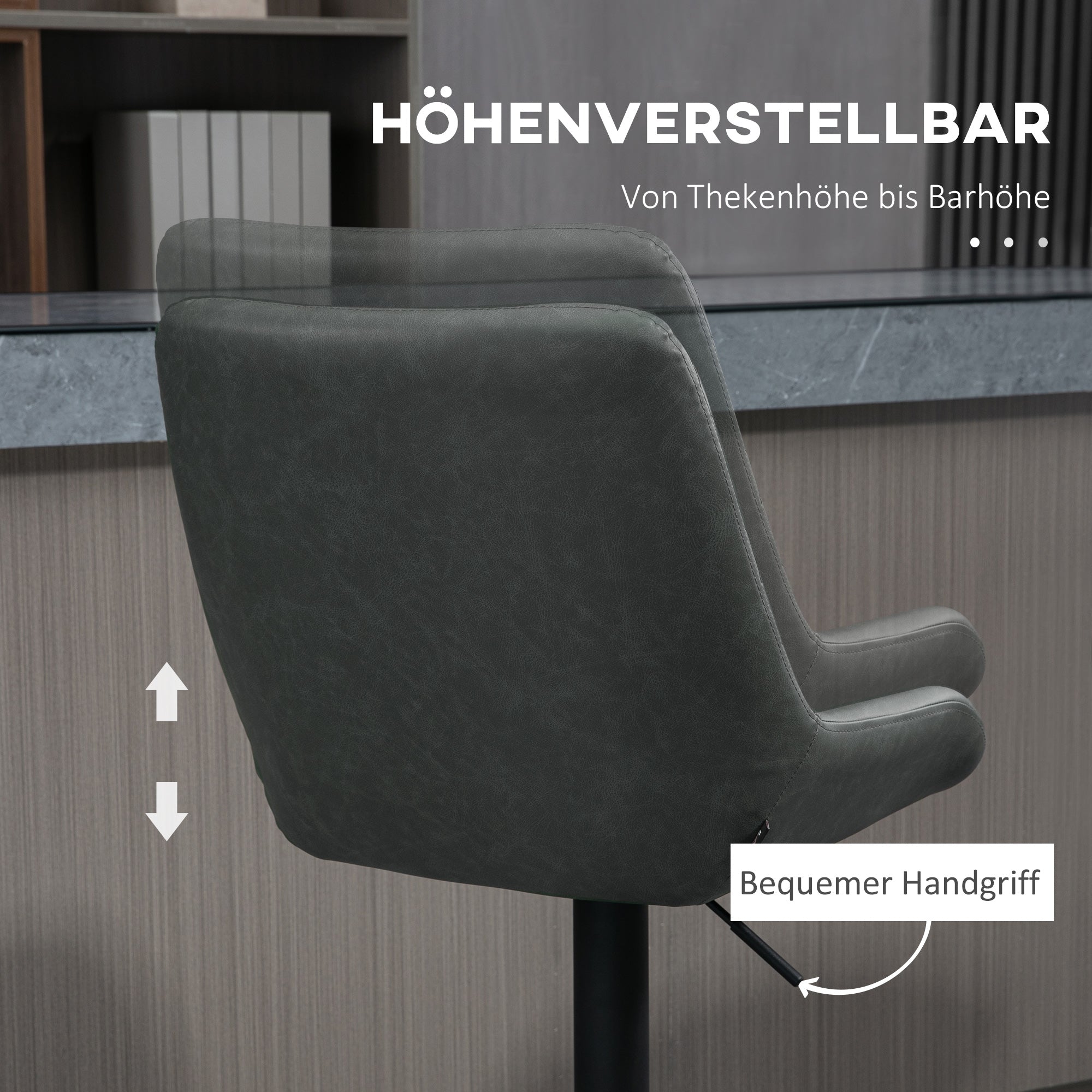 HOMCOM Barhocker Küchenhocker Designhocker, höhenverstellbar, mit Fußstütze, 51 cm x 59 cm x 117 cm, Dunkelgrau + Schwarz