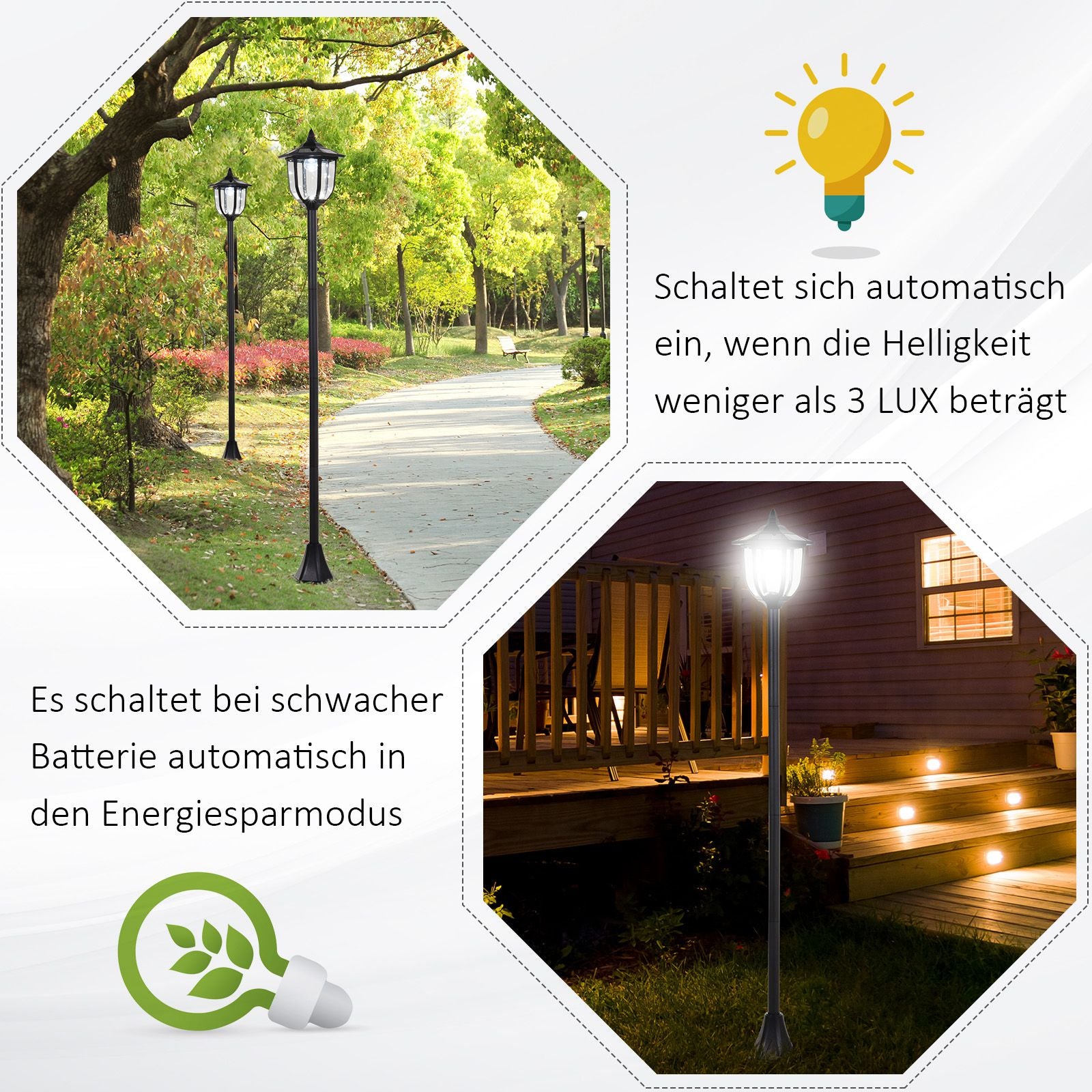 Outsunny Solar LED Gartenlaterne, Laterne aus Kunststoff, Außenleuchte für Innen und Außen 177 cm hoch, Gartenleuchte, 30/60 Lumen, für Garten Balkon Deko Schwarz