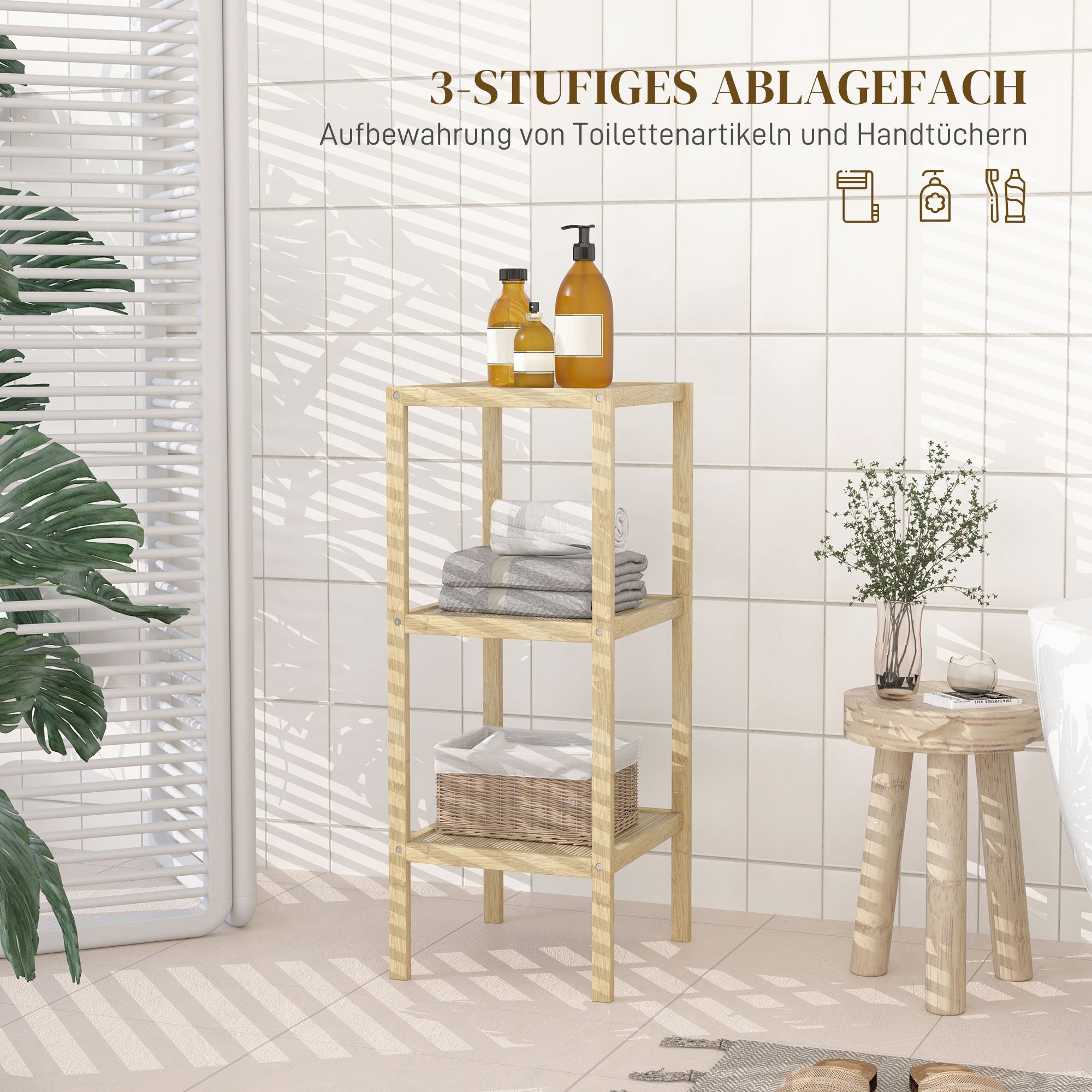 HOMCOM Badezimmerregal, 3 Etagen, feuchtigkeitsbeständig, Bambus, 33 x 31 x 78 cm