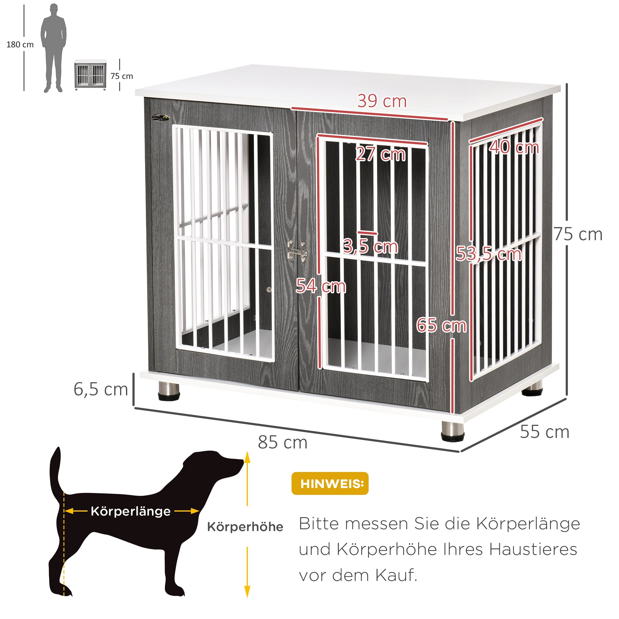 PawHut Transportbox für mittelgroße und kleine Hunde, verriegelbar Holzwerkstoff Stahl Grau + Weiß