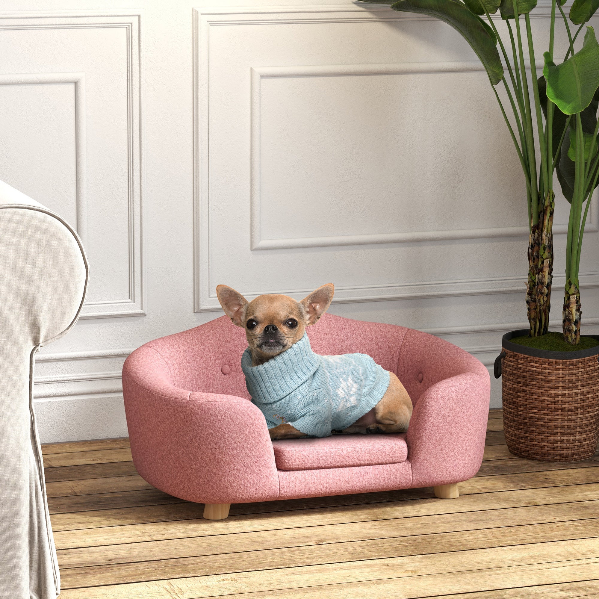 PawHut Haustiersofa Hundematte Hundebett Hundesofa Hundecouch Katzen Sofa mit Kissen Rückentasche Plüsch Schaumstoff Kiefernholz Rosa 70 x 47 x 30 cm