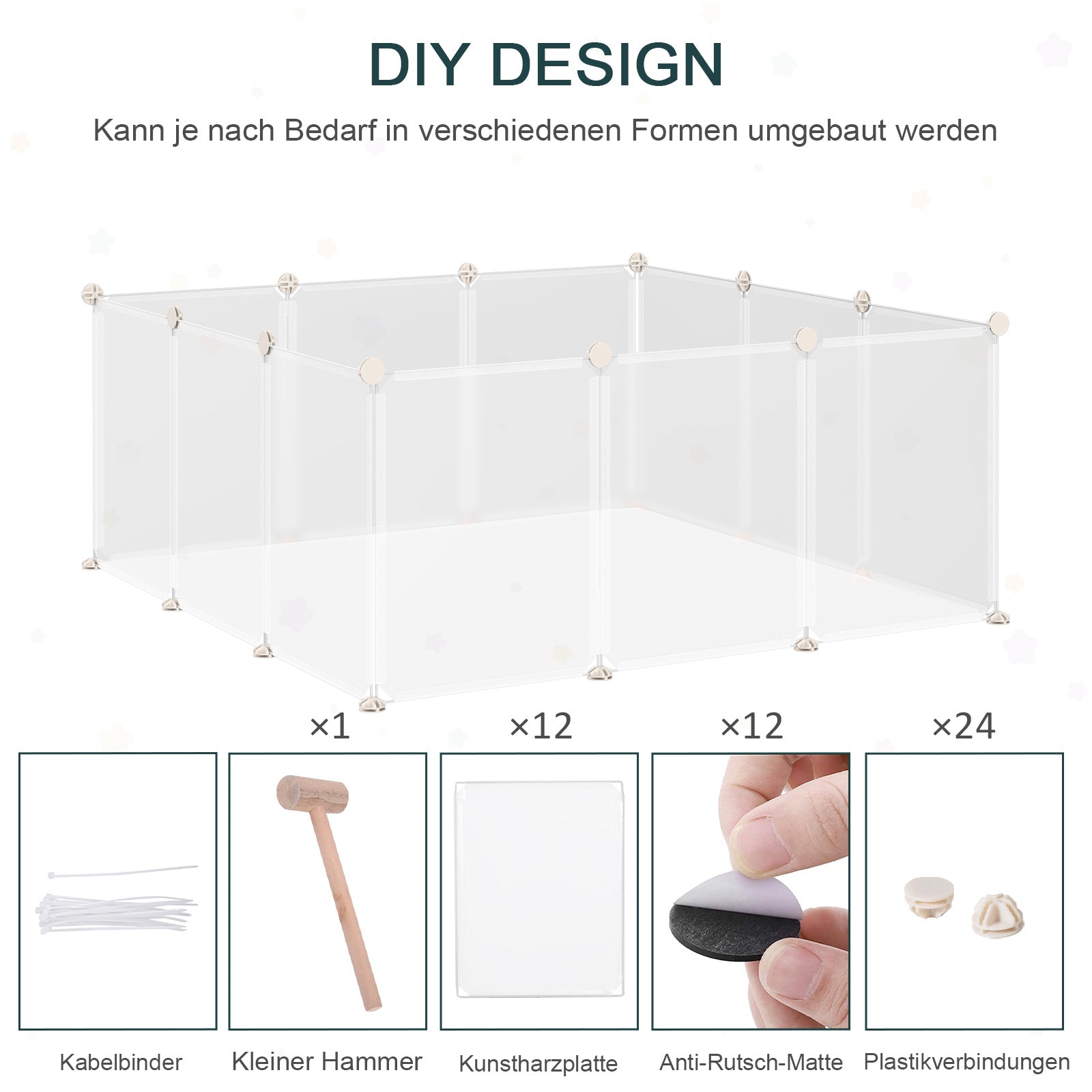 PawHut Freilaufgehege Laufgitter DIY Freigehege Gittergehege Absperrgitter Kleine Haustiere Laufstall für Innen 12 Platten Weiß Metall PP-Harz 105 x 105 x 45 cm