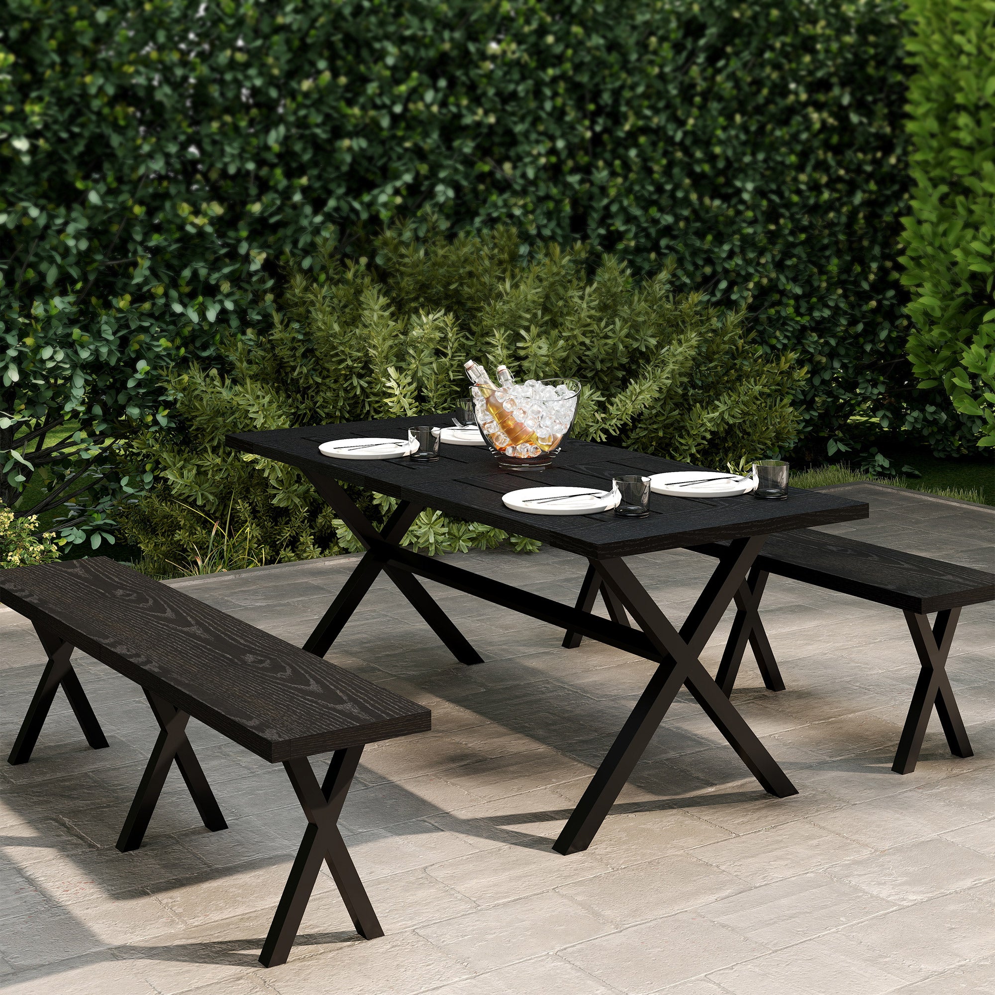 Outsunny Bierzeltgarnitur für 6 Personen, wetterfest, Holzoptik, Alurahmen, Schwarz