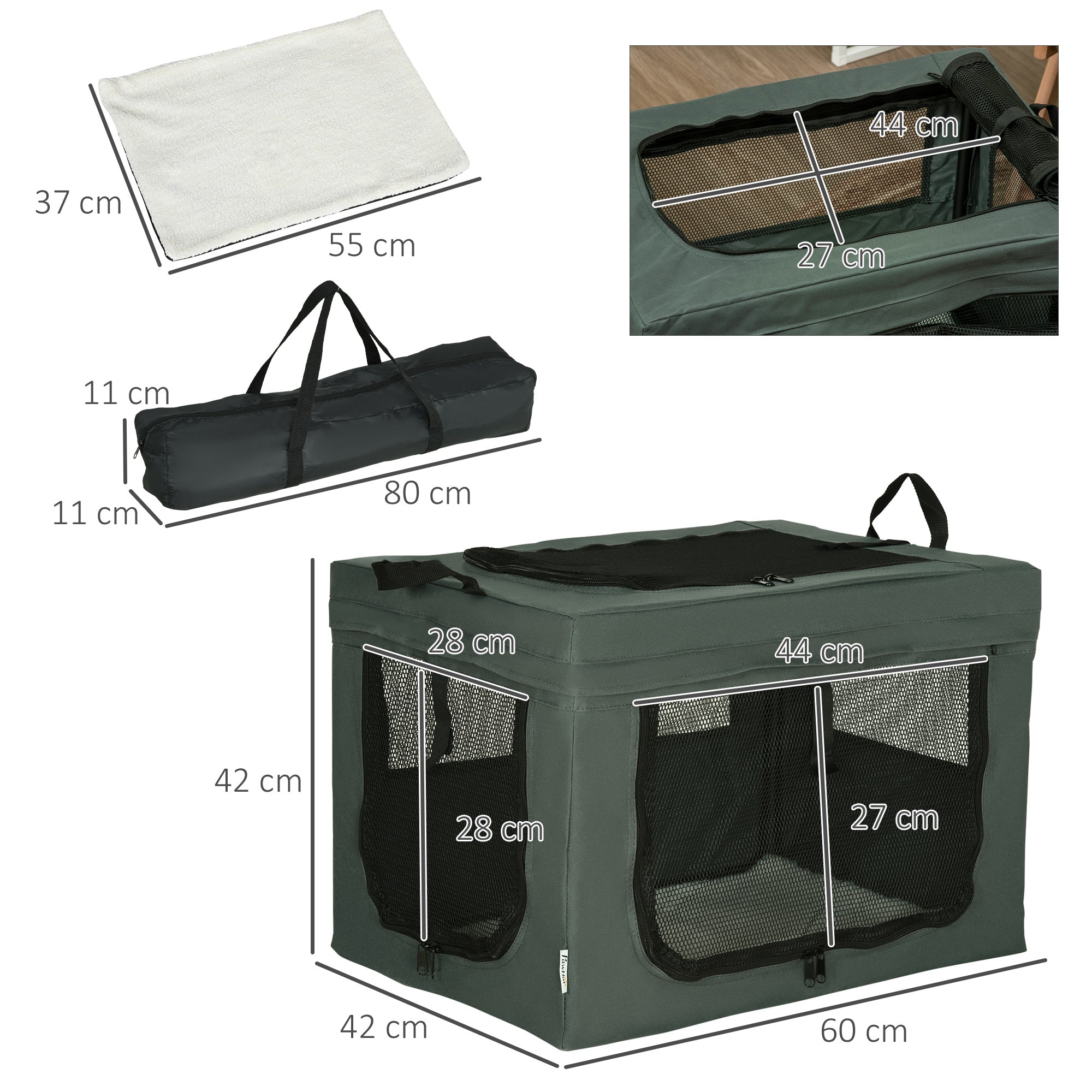 PawHut Transportbox, faltbar, 3 Eingänge, Innenkissen, für Hunde und Katzen bis 4 kg/40 cm, grau