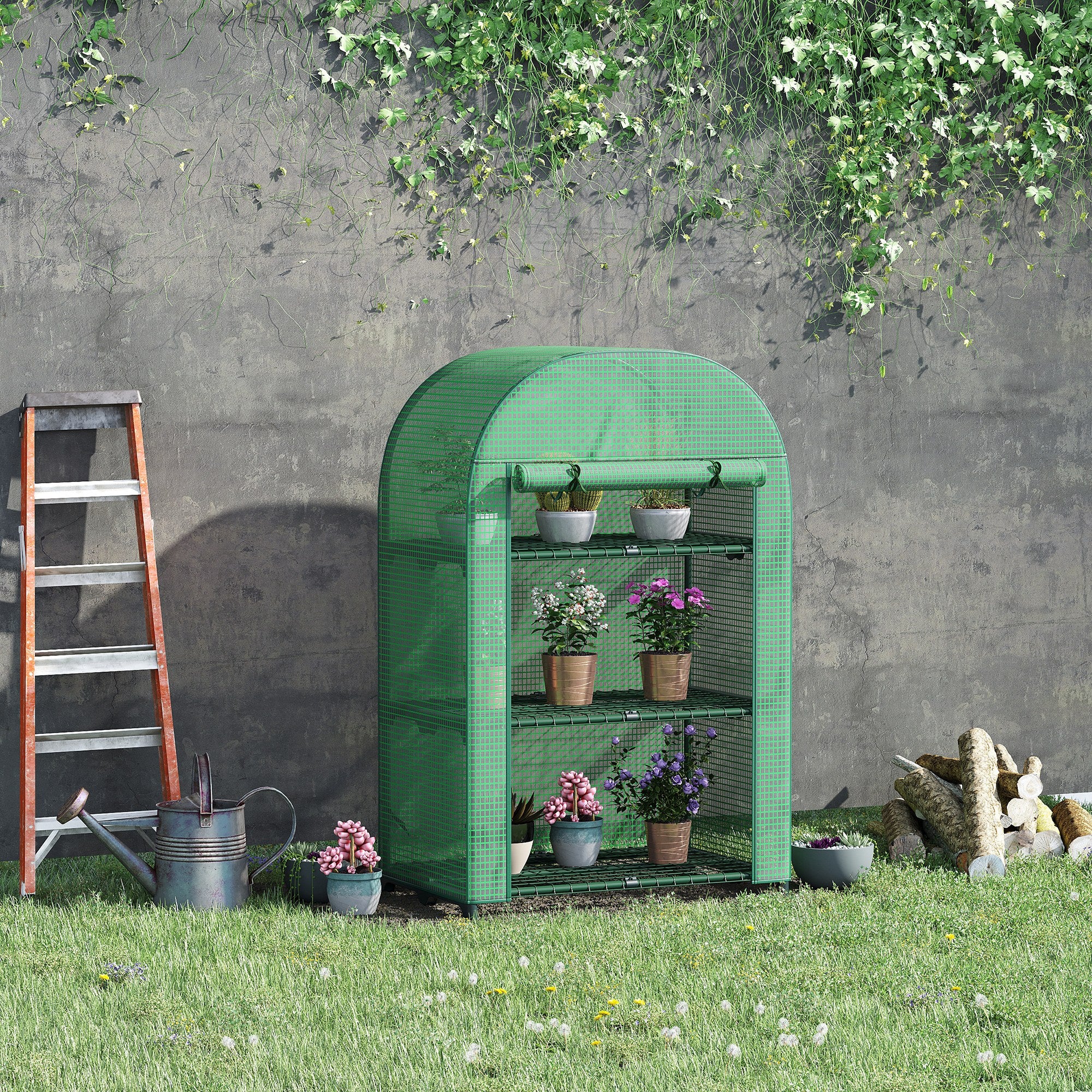 Outsunny Foliengewächshaus Balkon mit 3 Ablagen Mini Gewächshaus Treibhaus Tomatenhaus Pflanzenhaus Frühbeet Metall Grün 80 x 49 x 120 cm