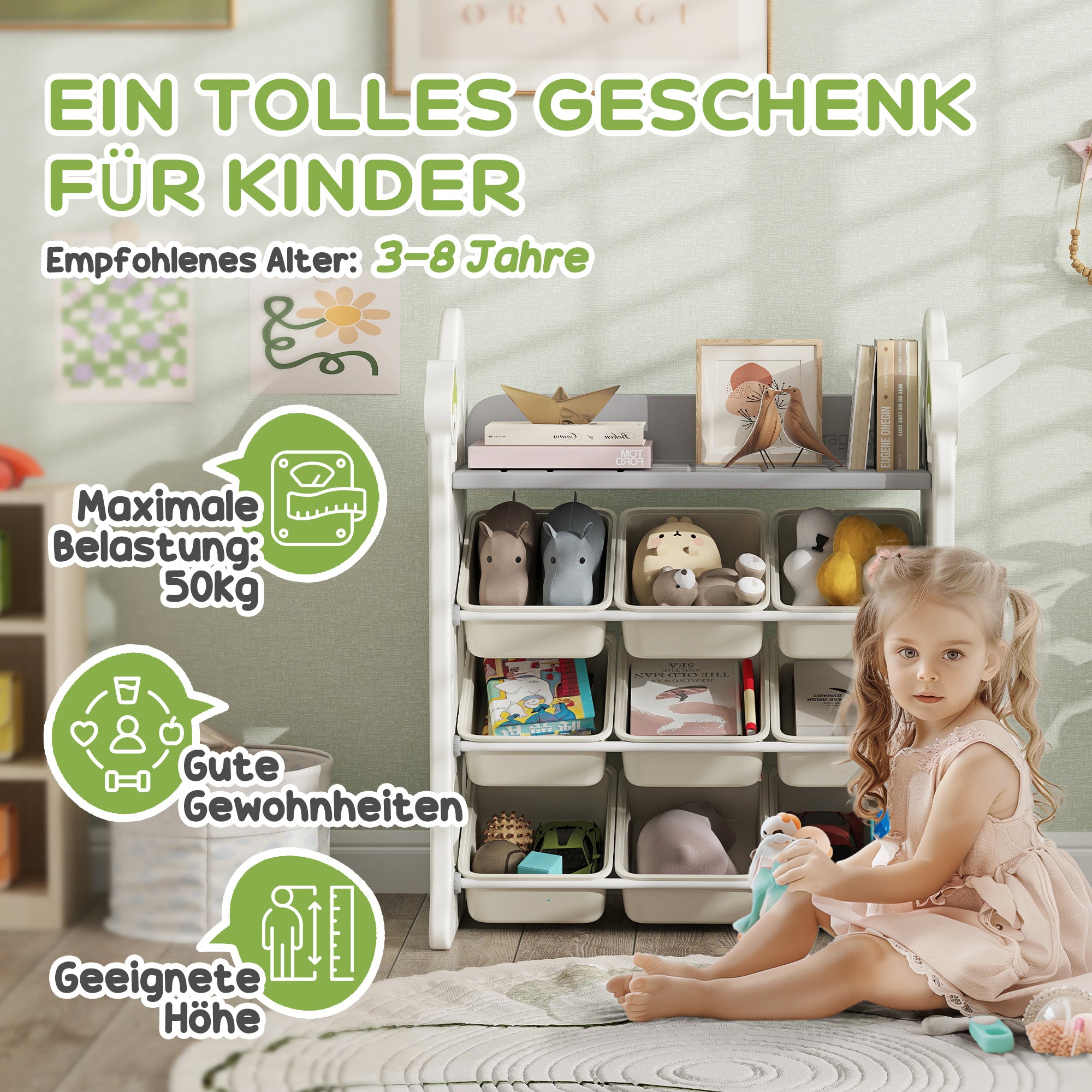 AIYAPLAY Kinder-Aufbewahrungsregal mit 9 Behältern, für Spielzeug und Bücher, Kinderzimmer, Kindergarten, Kunststoff, Cremeweiß