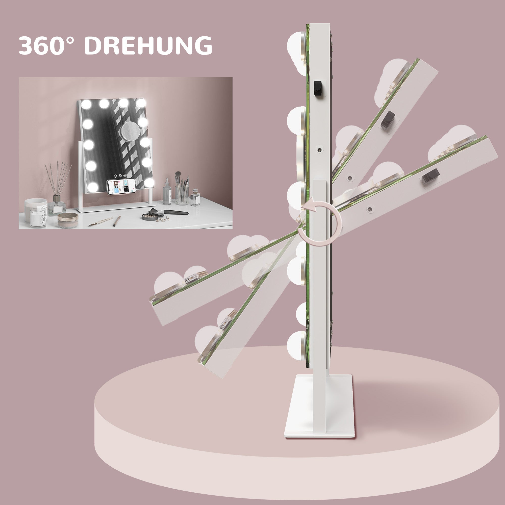 HOMCOM LED Kosmetikspiegel, 3 Lichtmodi, dimmbar, Touchsteuerung, USB, 37x46 cm, Weiß