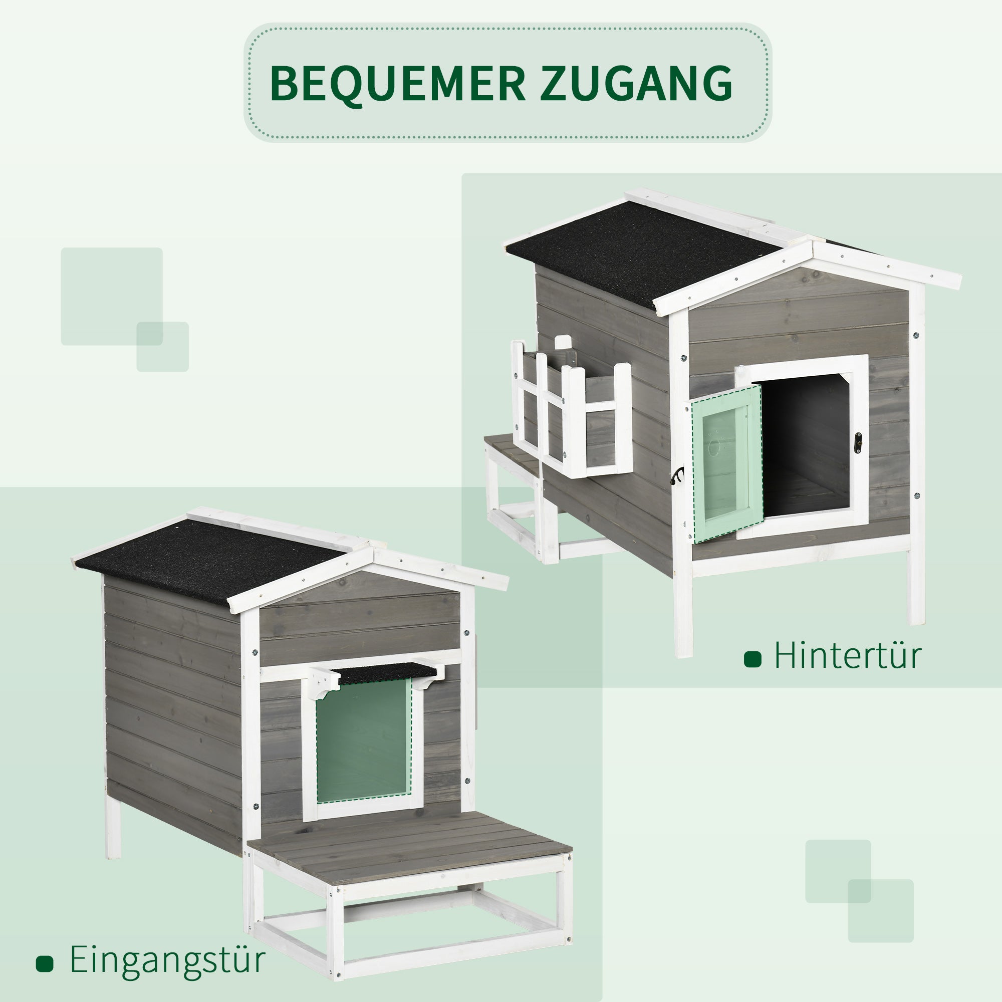 PawHut Katzenhaus aus Holz Winterfest wasserdicht Katzenhütte mit Asphaltdach Terrasse Katzenhöhle Katzenkiste Outdoor Schutzhütte für Draußen Garten Balkon 115 x 66,5 x 74,7 cm Grau+Weiß
