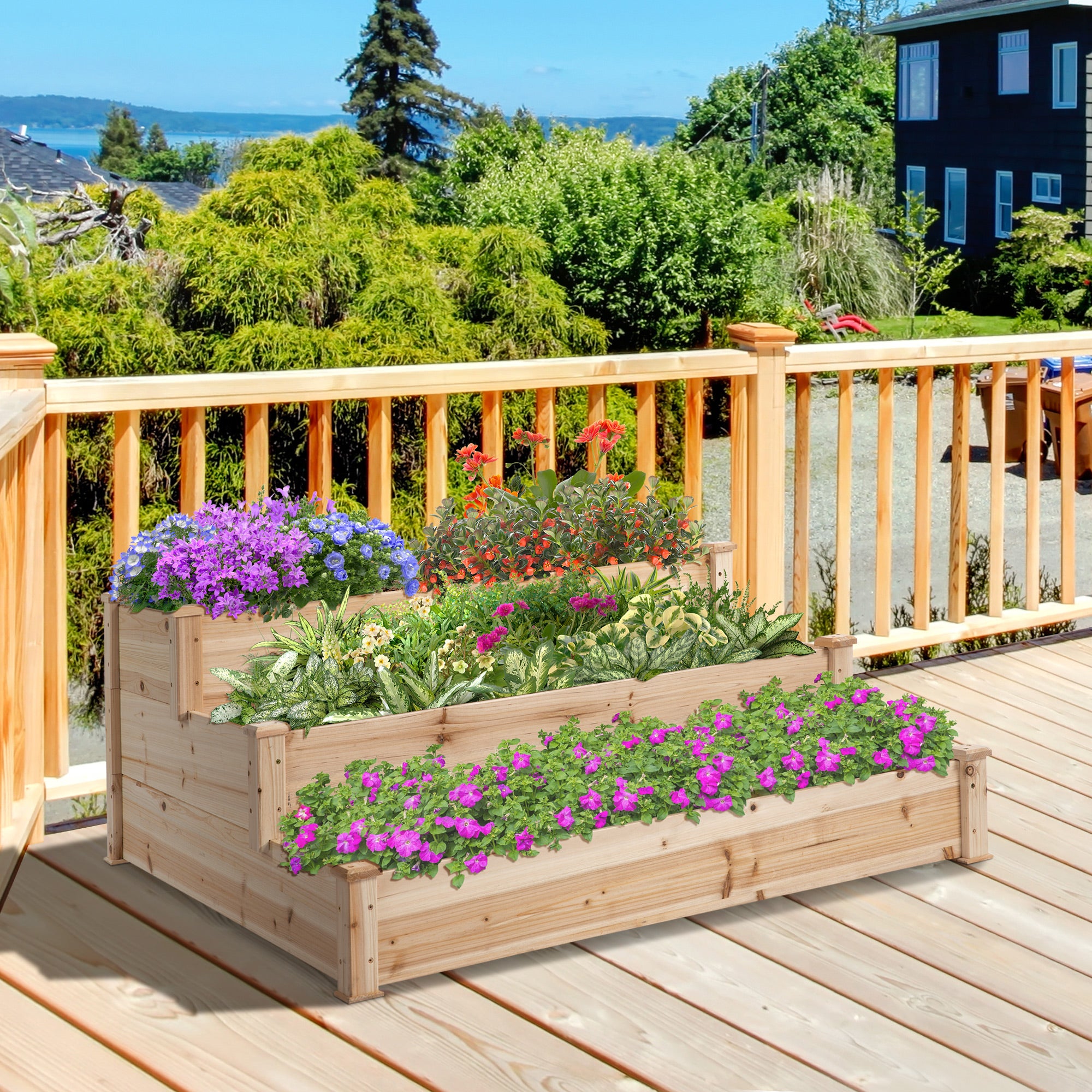 Outsunny Hochbeet 3-stufige Gartenbeet Pflanzenbeet Kräuterbeet Blumentreppe für Balkon Garten Natur Tannenholz 120 x 120 x 56 cm