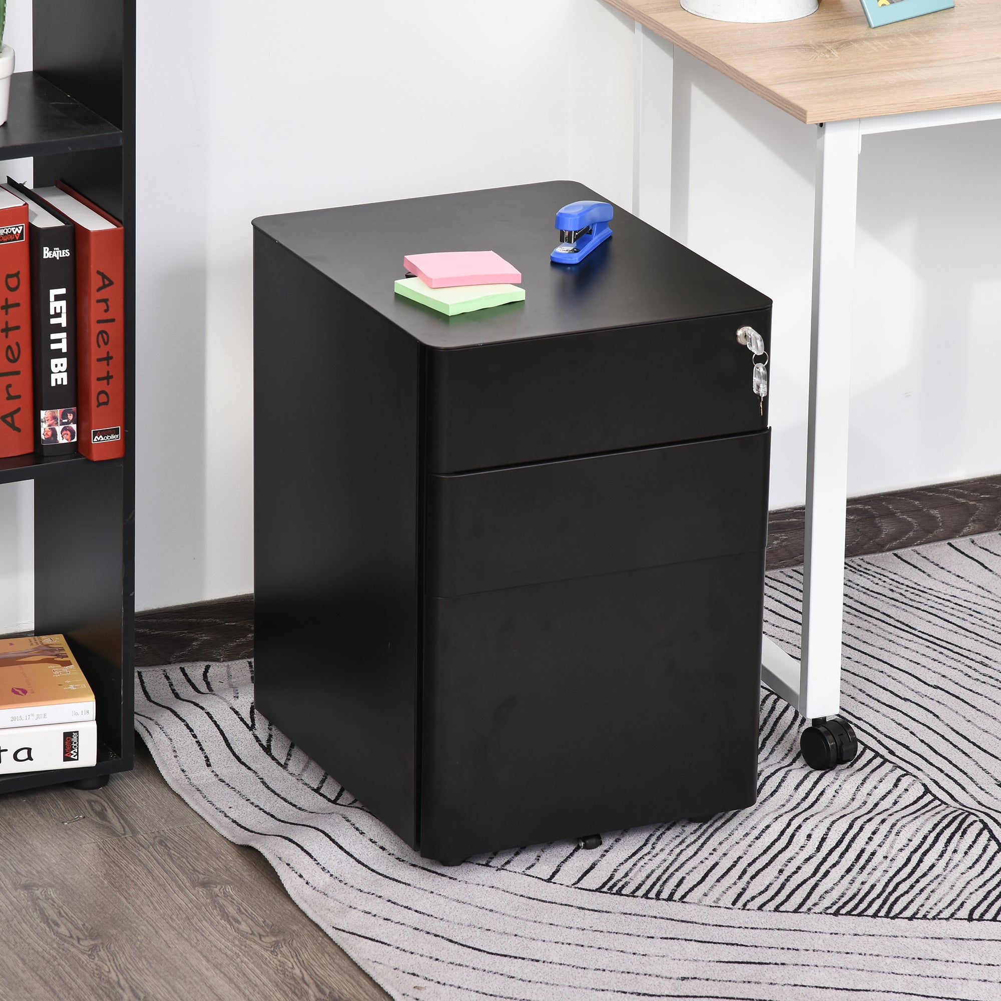 Vinsetto Rollcontainer, mobiler Aktenschrank mit 3 Schubladen, abschließbarer Büroschrank mit Hängeregistratur, Aufbewahrung, Stahl, 39 x 48 x 59 cm Schwarz