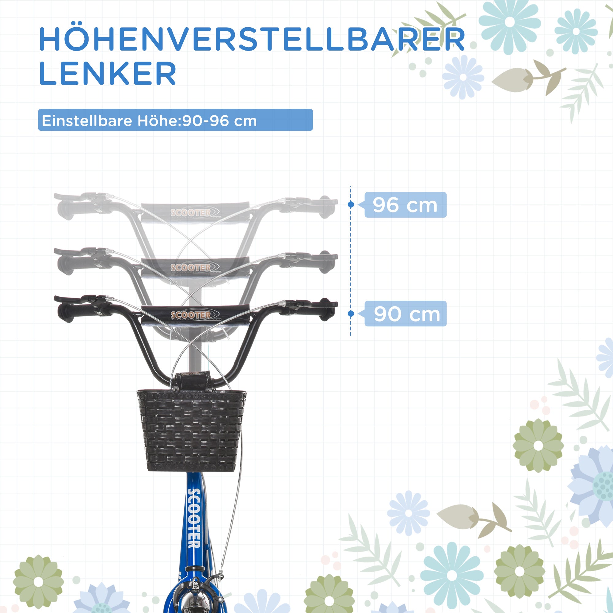 HOMCOM Kinderroller, Scooter mit Bremse, inkl. Korb, höhenverstellbar, für Kinder 5-12 J., blau+schwarz
