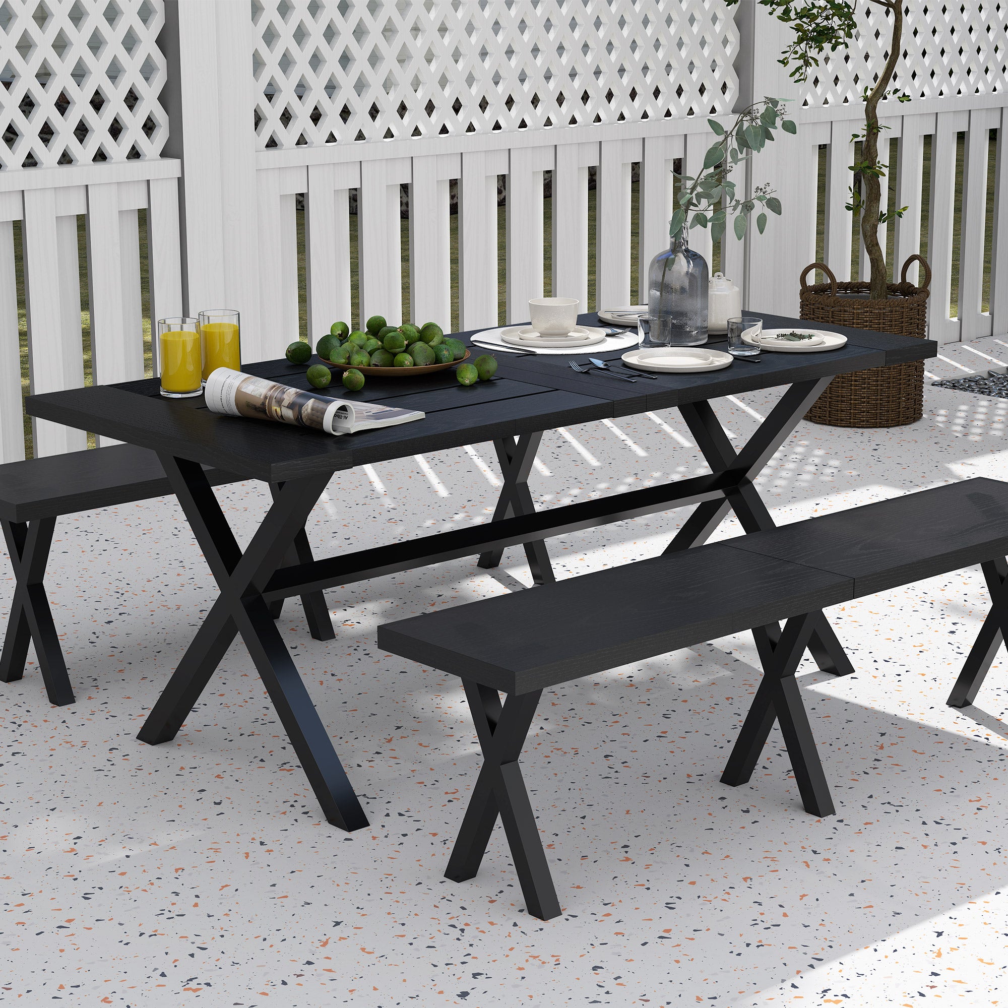 Outsunny Bierzeltgarnitur für 6 Personen, wetterfest, Holzoptik, Alurahmen, Schwarz