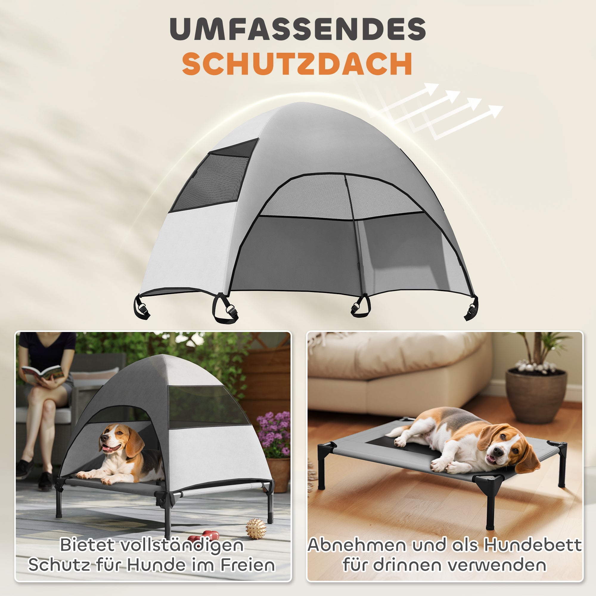 PawHut Hundeliege Outdoor mit Dach, Erhöhtes Hundebett für Mittelgroße Hunde, 76 x 61 x 71cm, Hellgrau