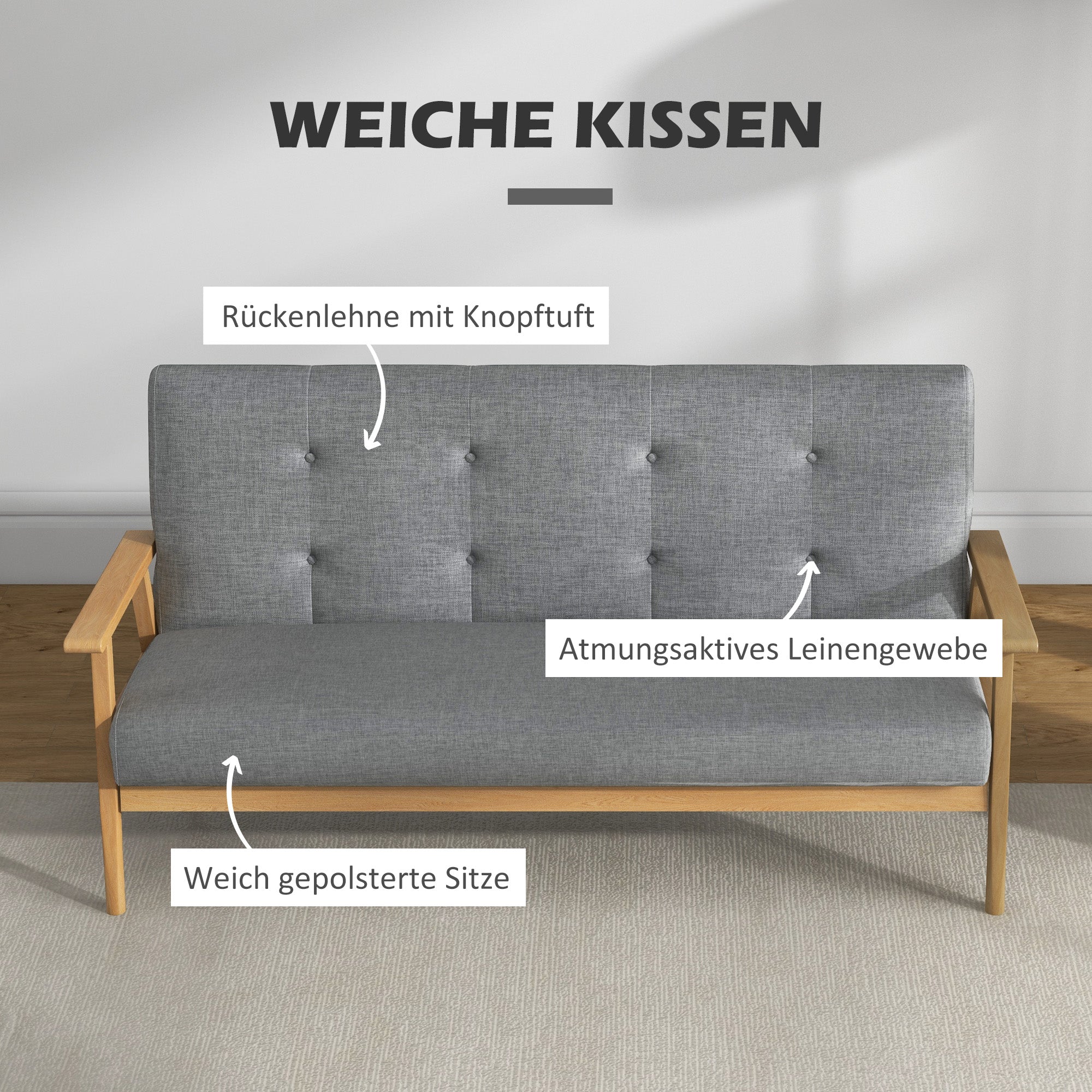 HOMCOM Dreisitzer-Polstersofa, Kautschukholz, 154,5 x 69,5 x 73 cm, Grau