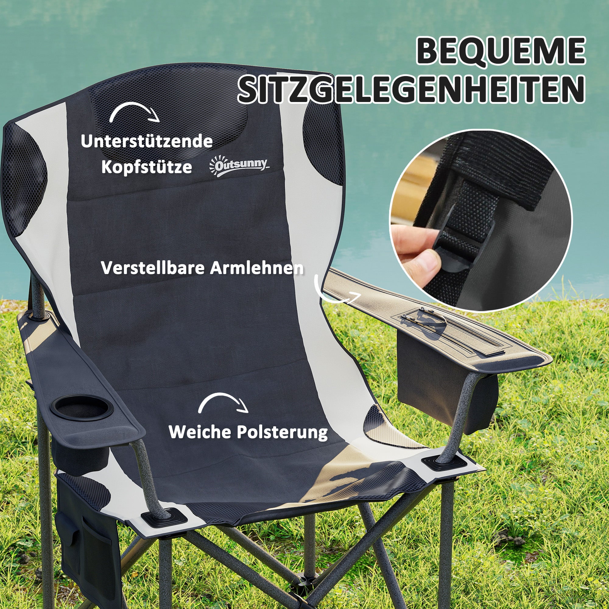 Outsunny 2er Set Faltstuhl faltbar Campingstuhl mit Armlehnen Getränkehalter Kopfstütze Kühltasche Schwarz