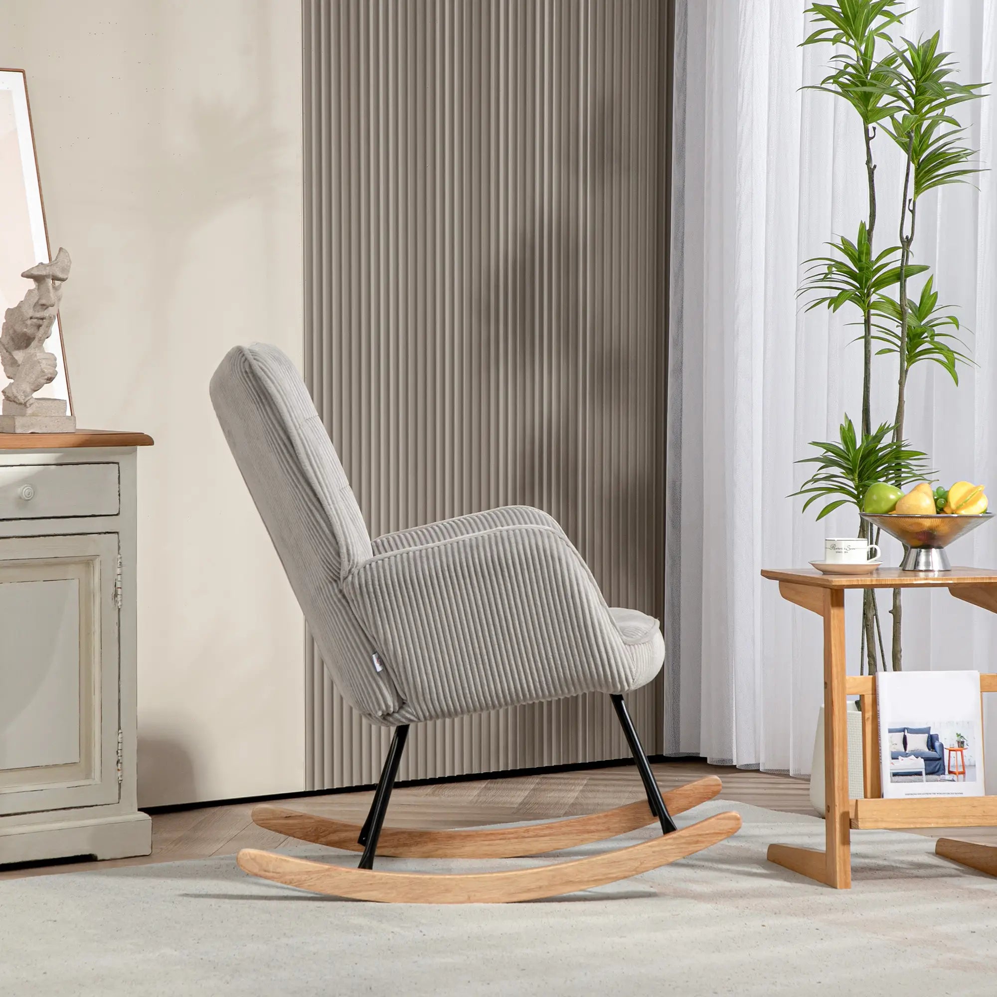 HOMCOM Vintage Schaukelstuhl, geschwungene Kufen, dicke Polsterung, Buchenholz & Stahl, Hellgrau