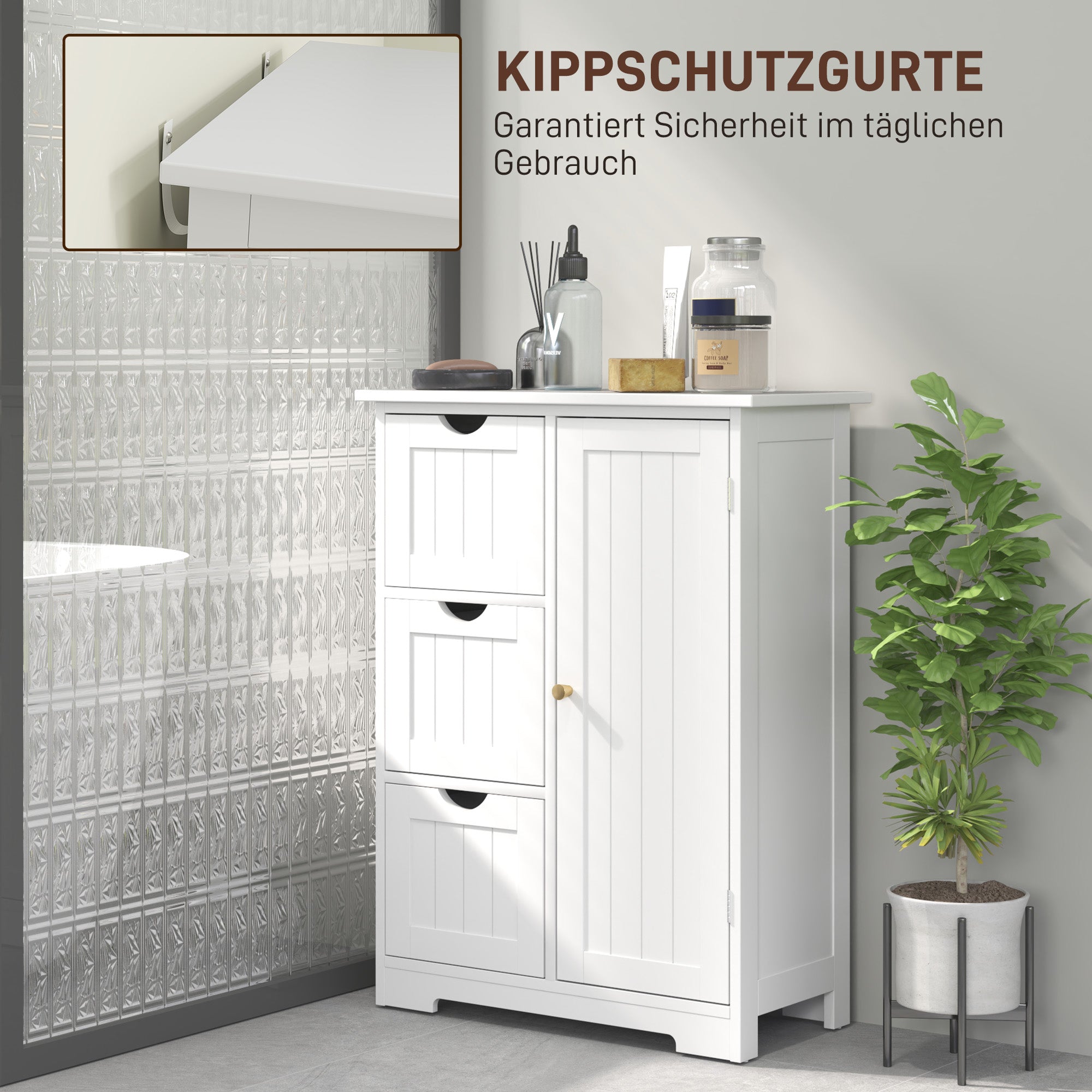 HOMCOM Badezimmerschrank, Badkommode, 3 Schubladen, Regal, MDF, Weiß