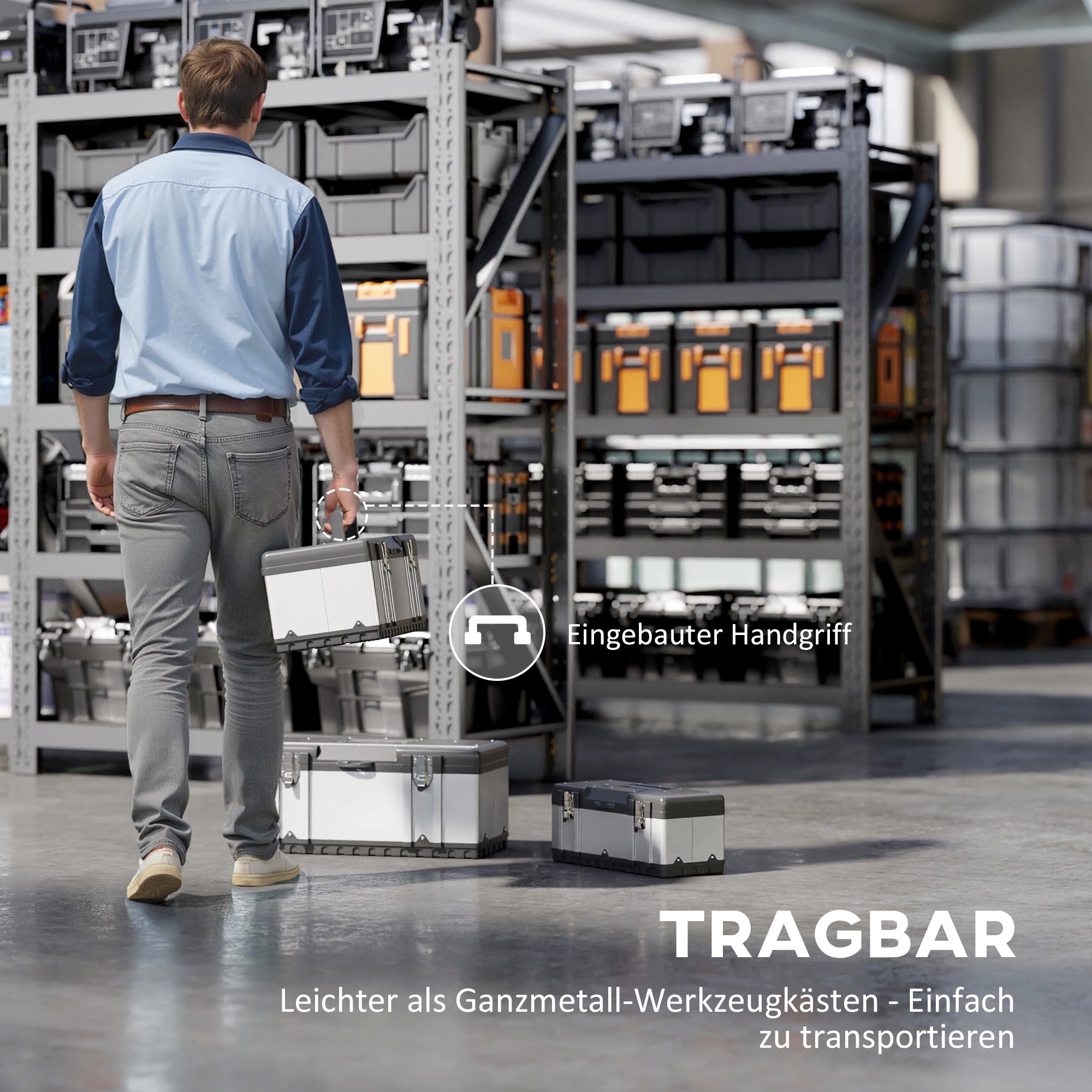 HOMCOM 3-teiliges Werkzeugkasten-Set, Edelstahl, Kunststoff, Silberfarben