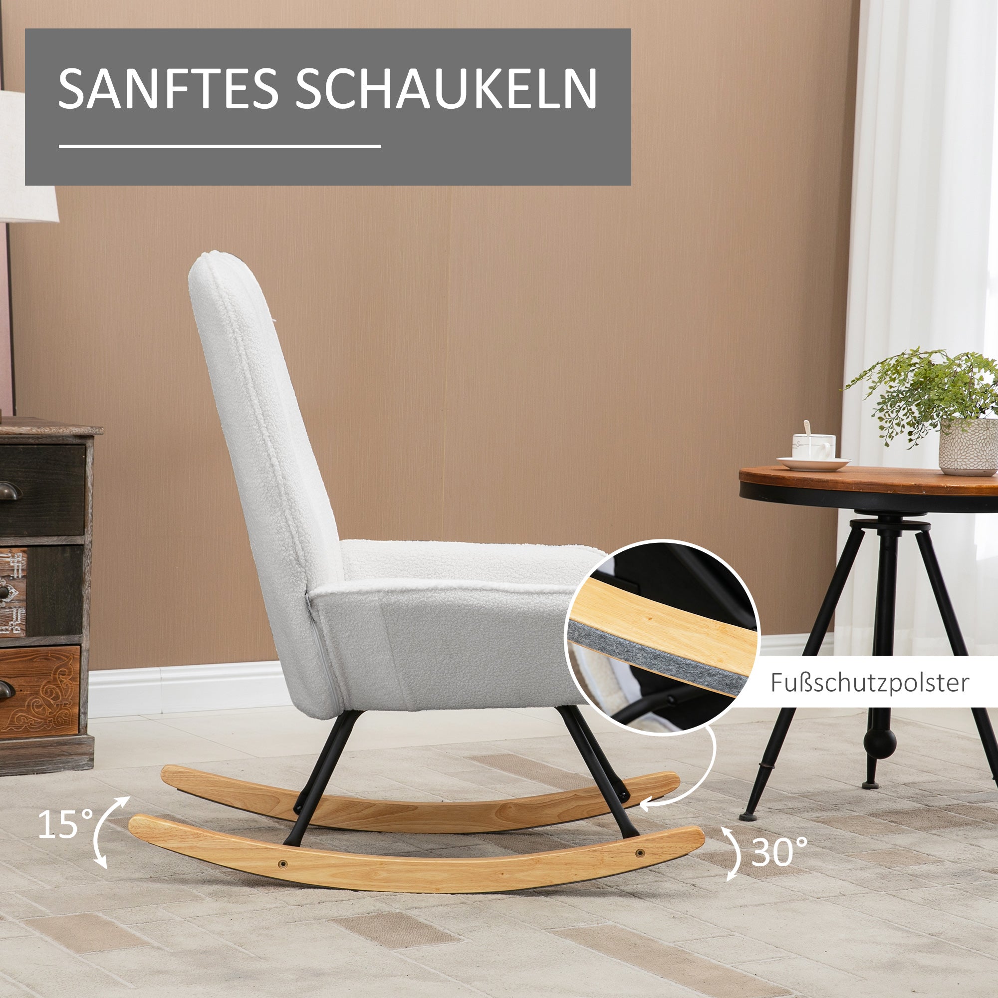 HOMCOM Schaukelstuhl Modern-Design Schaukelstuhl, Sherpa-Fleece, Steppung, 63 cm x 95cm x 97 cm Natur+ Grau