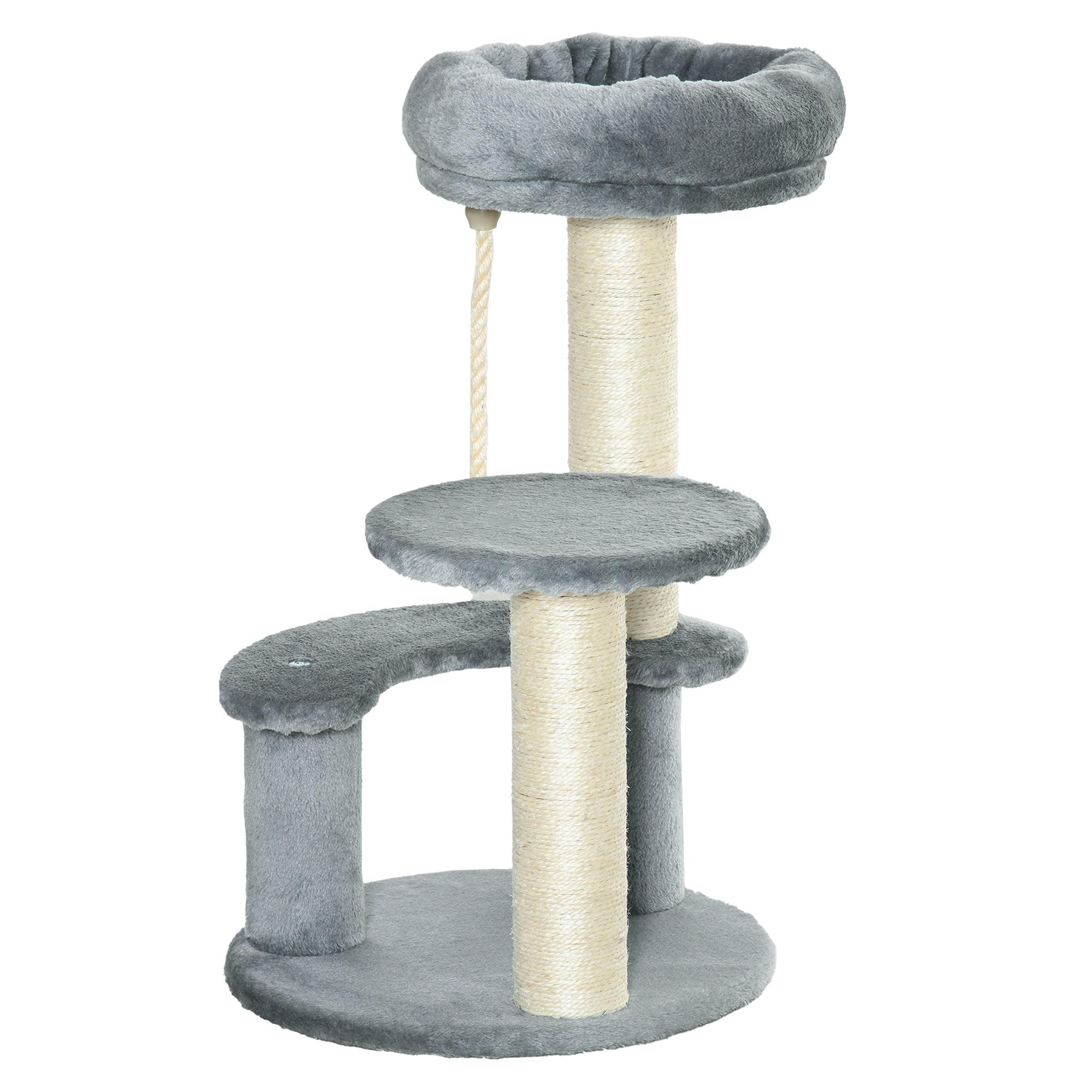 PawHut Katzenbaum Kletterbaum mit Hängematte, 3-Stufiger Spielbaum mit Katzenbett Katzenkratzbaum mit Sitzplattform, Sisalsäulen, Grau Ø40 x H65 cm