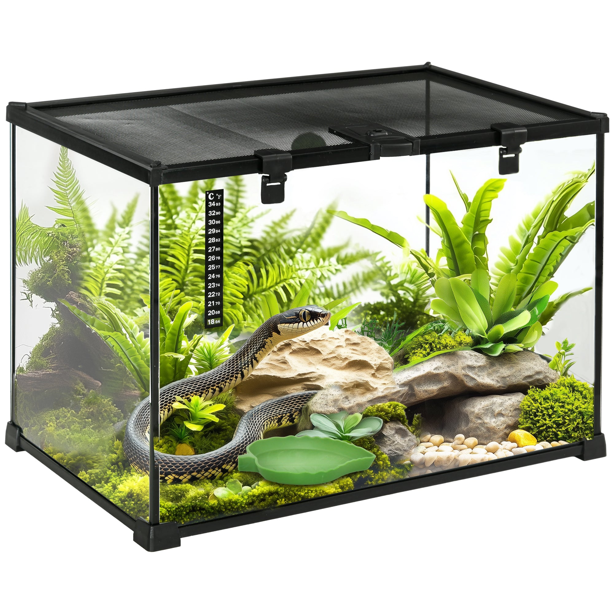 PawHut Terrarium für Reptilien Reptile Fütterungsbox Glasterrarium Amphibien Spinnentiere mit Thermometer Reptilienzuchtbox Metall Schwarz 50 x 30 x 35 cm