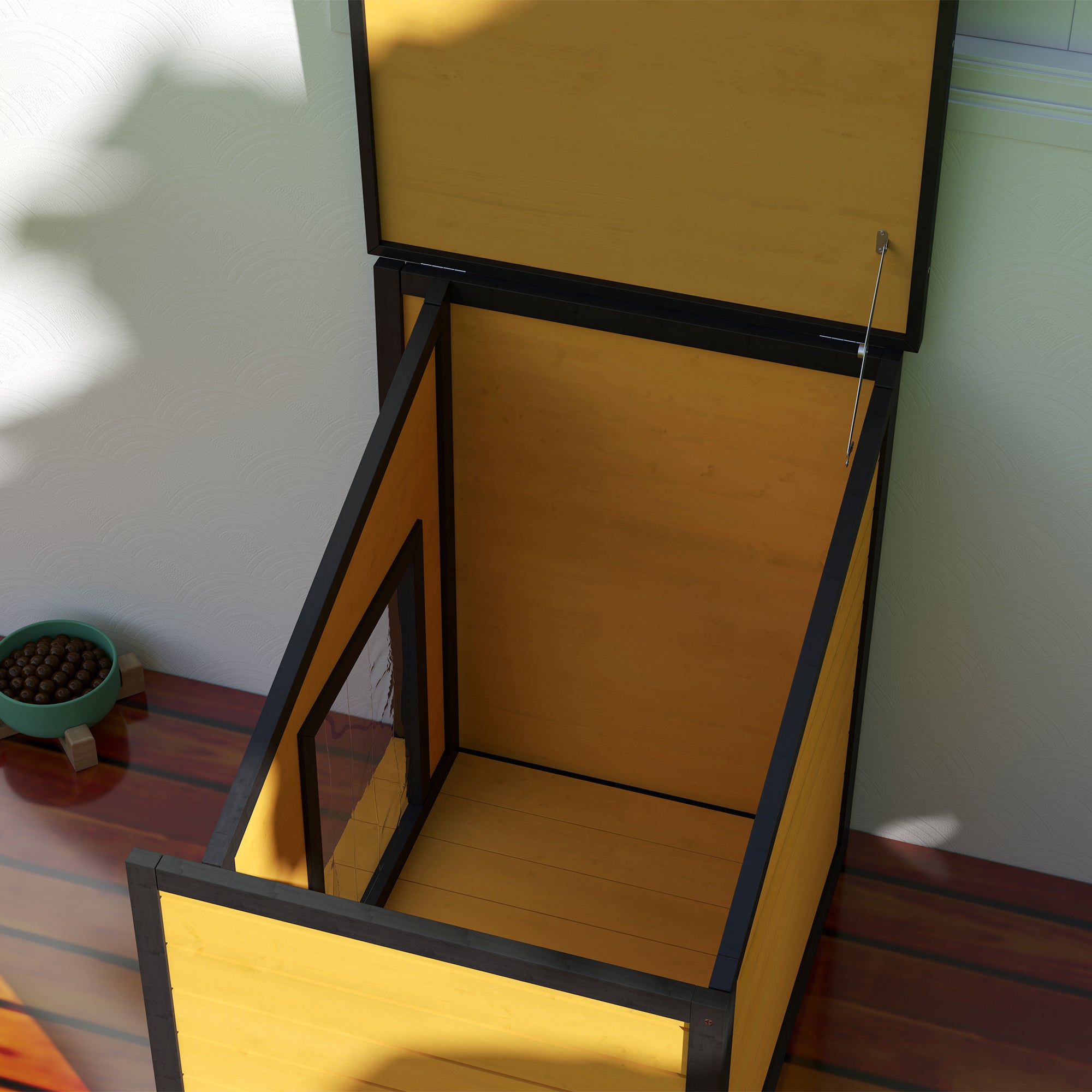 PawHut Hundehütte, aufklappbares Asphaltdach, Vorhang, 71x58x53/77 cm, Schwarz/Gelb