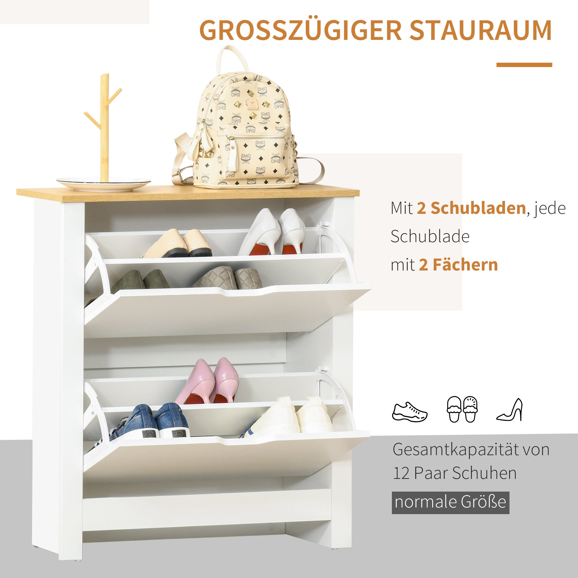 HOMCOM Schuhschrank Schruhregal Schuhaufbewahrung, 2 Fächer, 12 Paar Schuhe, 72 cm x 26 cm x 80 cm, Weiß + Braun