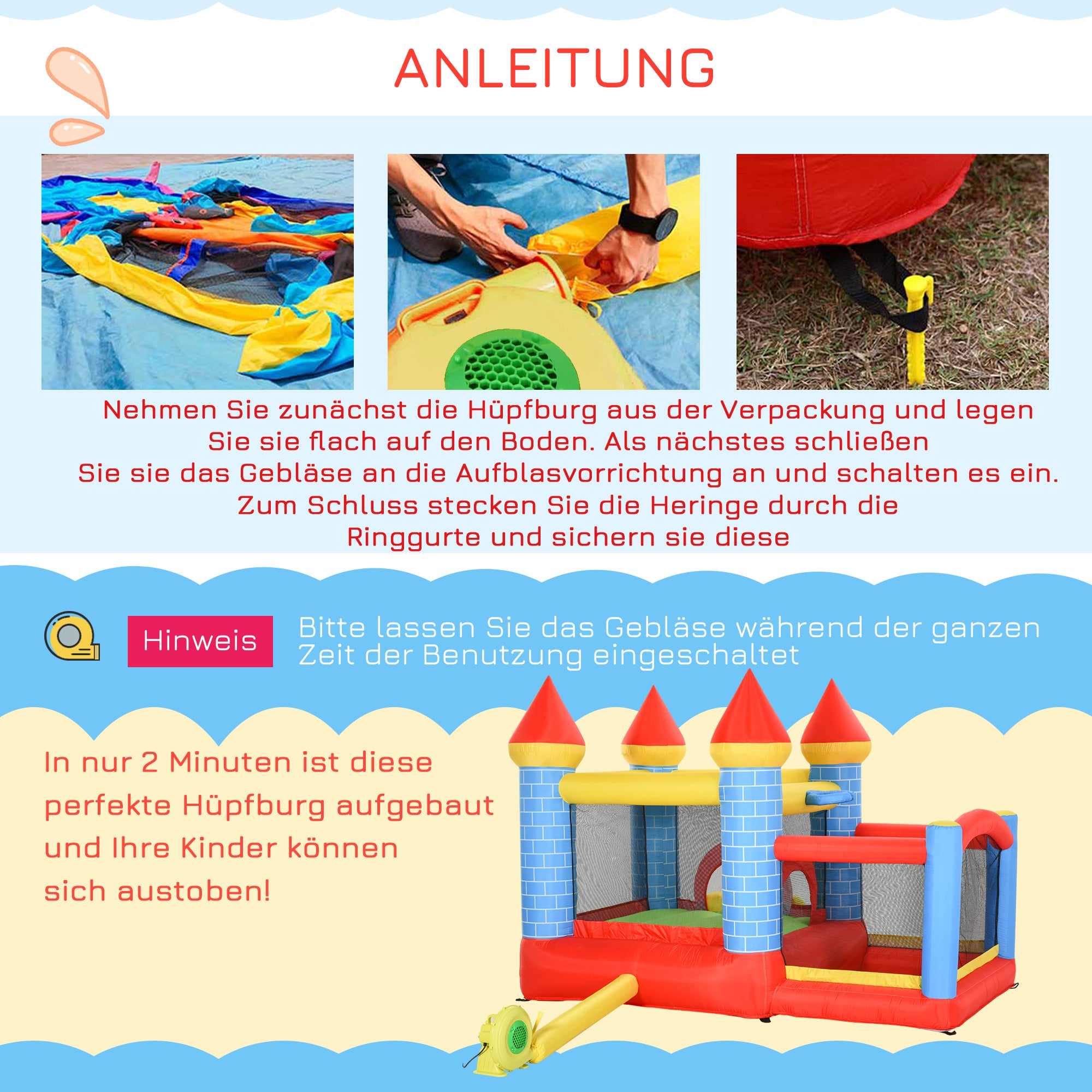 Outsunny Aufblasbare Hüpfburg mit Rutsche Pool für 3 Kinder Burg mit Gebläse für 3-8 Jahre Rot+Blau+Grün 280 x 260 x 210 cm