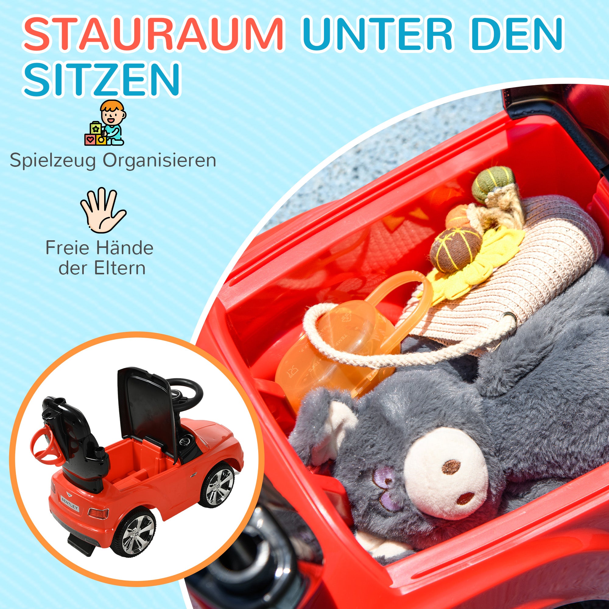 AIYAPLAY 3-in-1 Rutschauto, abnehmbare Schiebestange, Hupe, Musik, Stauraum, für 1-3 Jahre, Rot