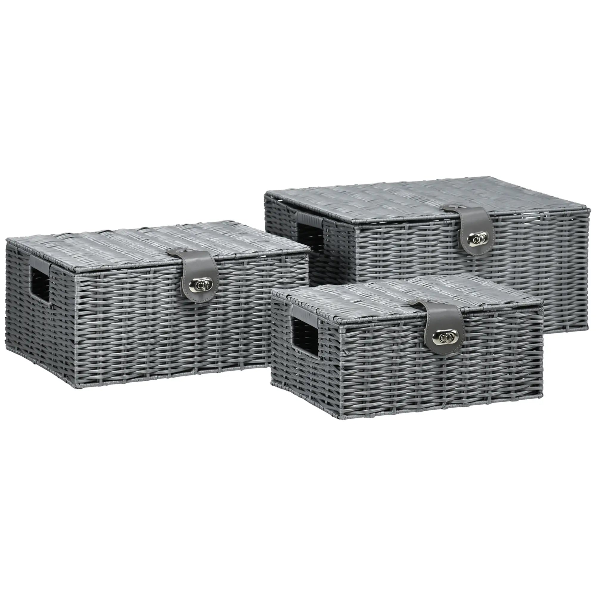 HOMCOM 3er-Set Aufbewahrungskörbe aus PE- Rattan, mit Verschluss, Tragegriffen, 35,5 cm x 28,5 cm x 18 cm, Grau