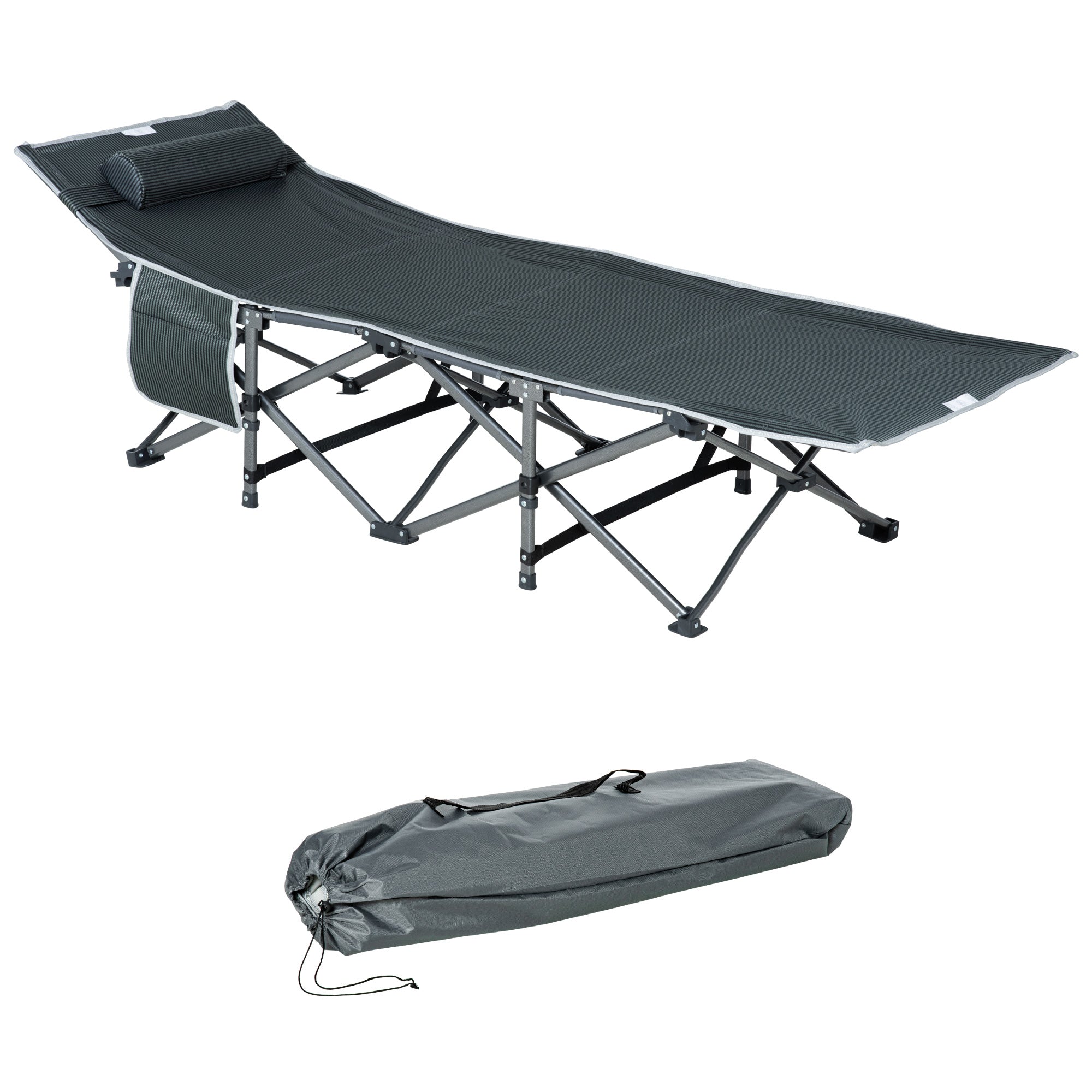 Outsunny Campingbett, klappbares Feldbett mit Kopfkissen, 188 x 64,5 x 53 cm, Grau