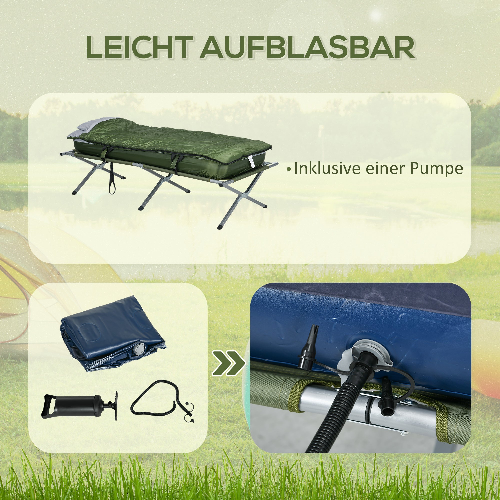 Outsunny Campingbett Feldbett, 5-teiliges-Set, inkl. Transporttasche, 193 x 86 x 43/63 cm, Grün