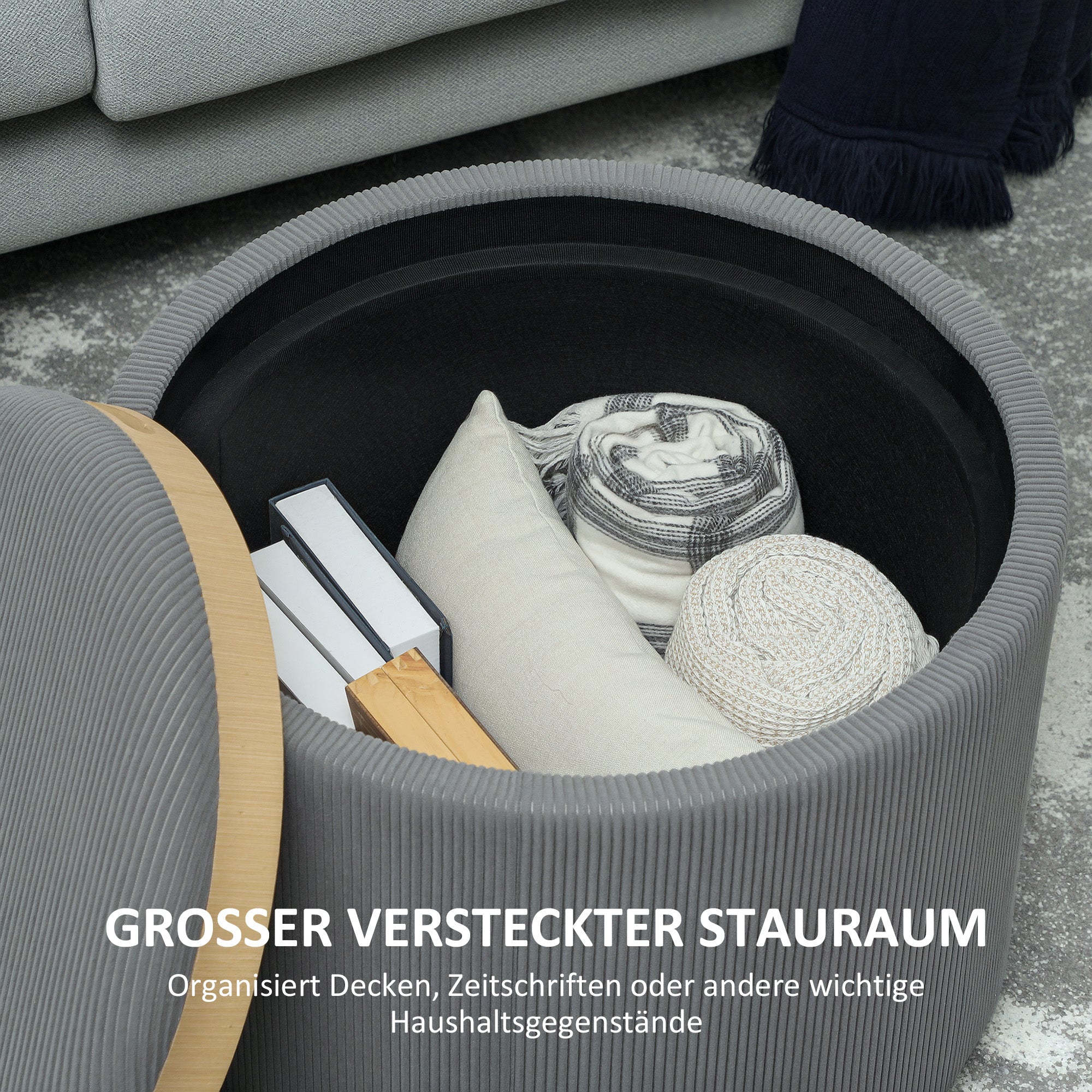 HOMCOM Aufbewahrungshocker mit Stauraum, rund, Fußstütze, Cordstoff, MDf, Grau