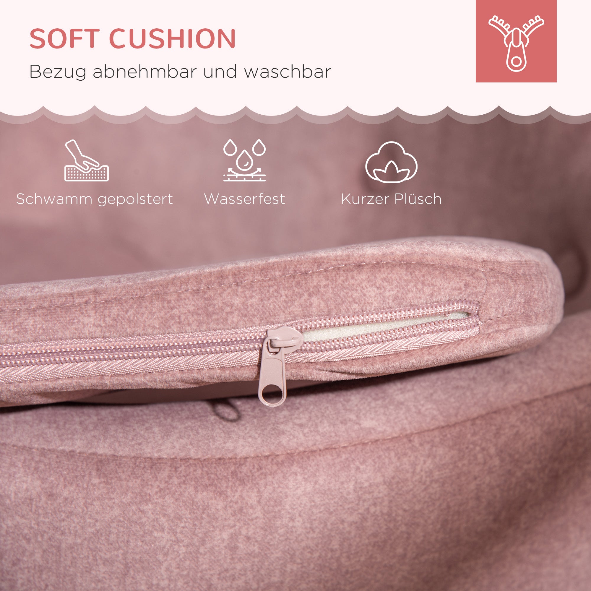 PawHut Haustiersofa Hundematte Hundebett Hundesofa Hundecouch Katzen Sofa mit Kissen Rückentasche Plüsch Schaumstoff Kiefernholz Rosa 70 x 47 x 30 cm