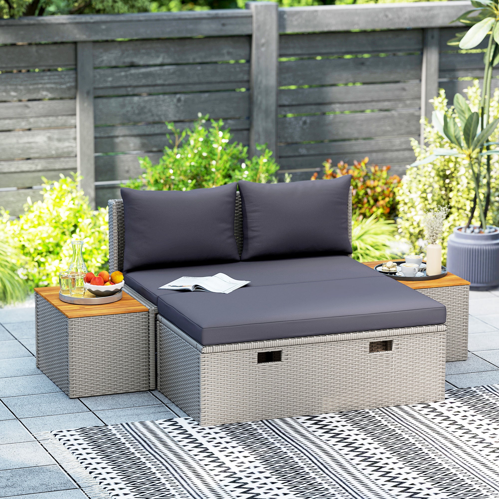 Outsunny Polyrattan Sonnenliege für 2 Personen Doppelliege mit Fußhocker Stauraum Auflagen 125x114x72,5 cm Grau