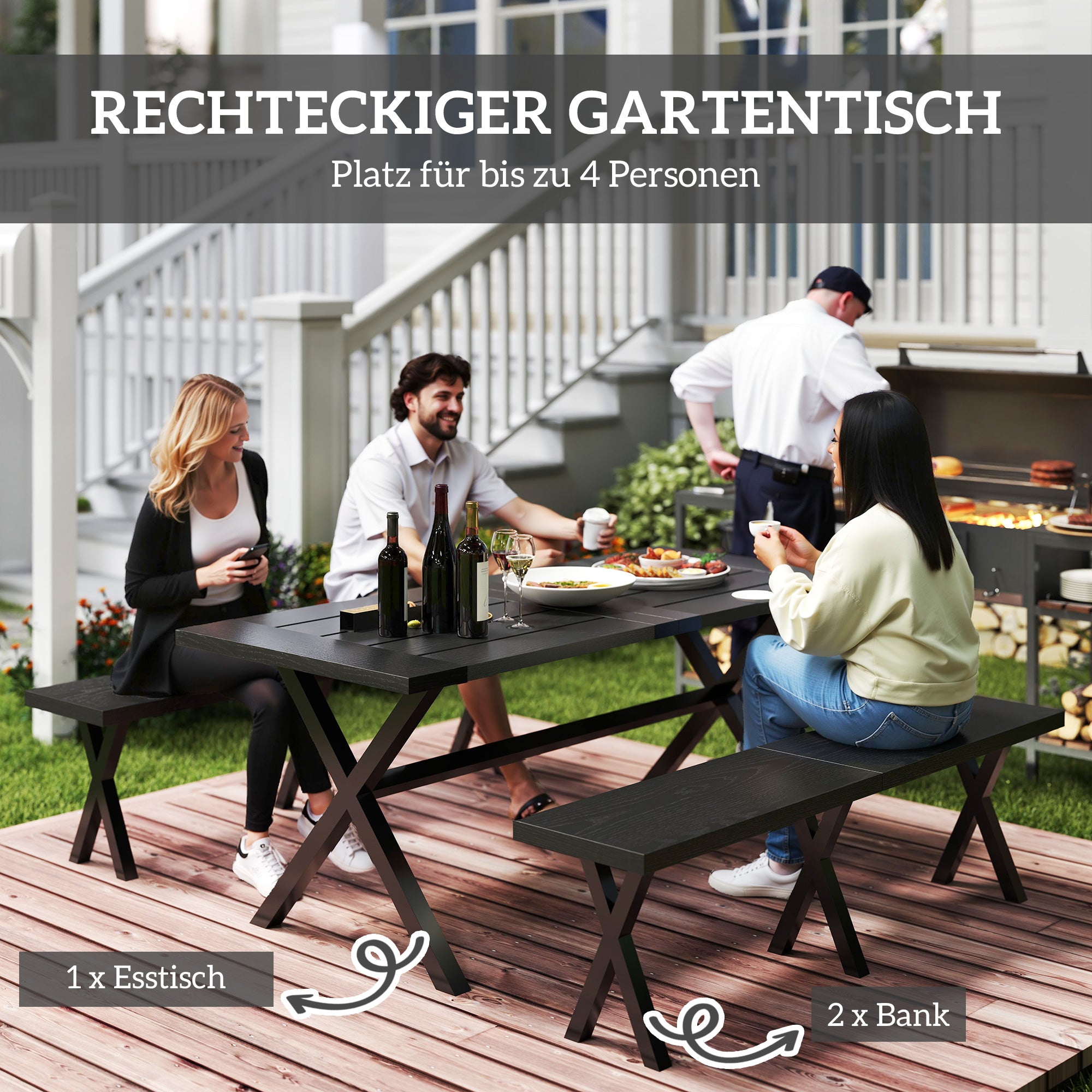 Outsunny Bierzeltgarnitur für 6 Personen, wetterfest, Holzoptik, Alurahmen, Schwarz